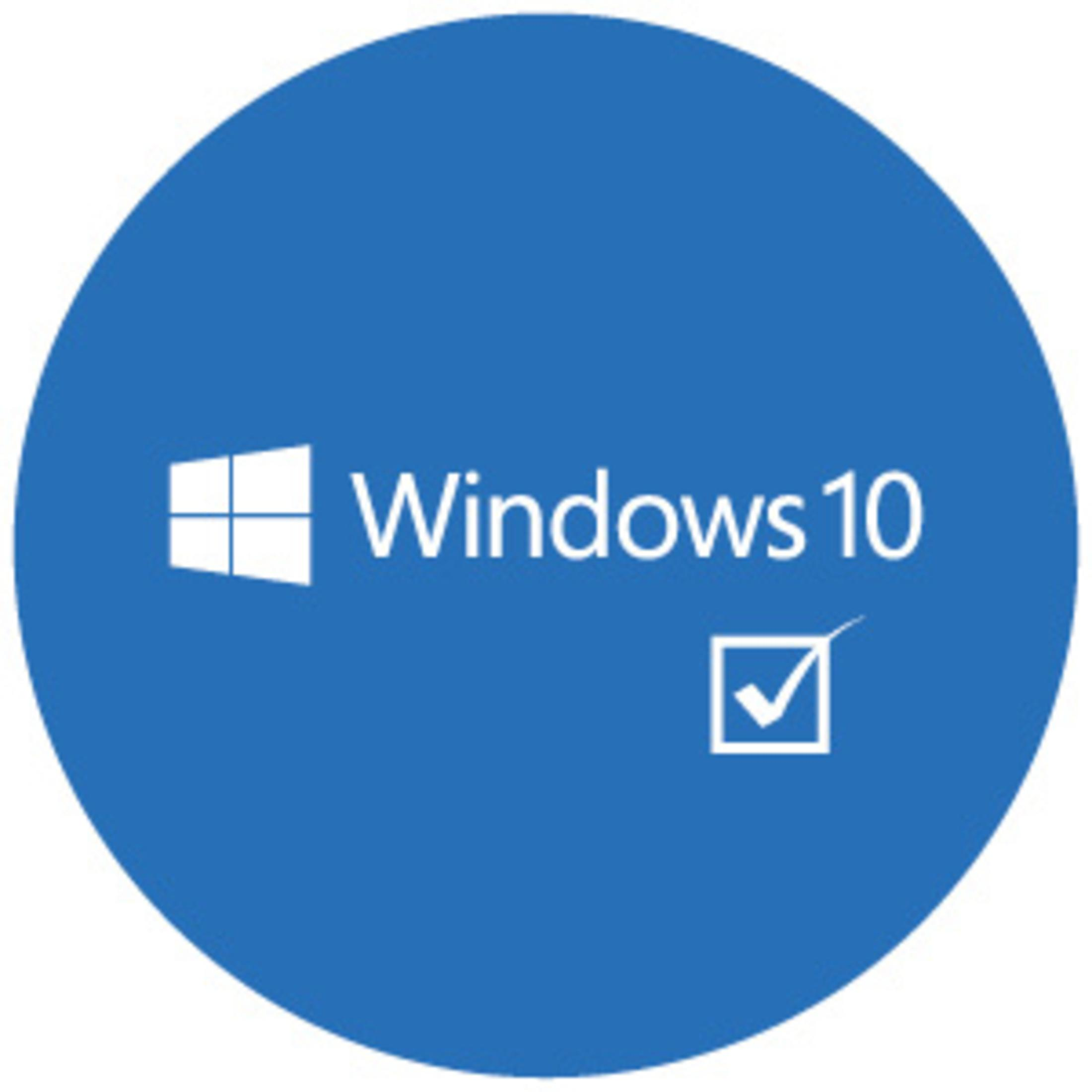 Ein blauer Kreis mit Windows 10 Logo und Häkchen, auf weißem Hintergrund.