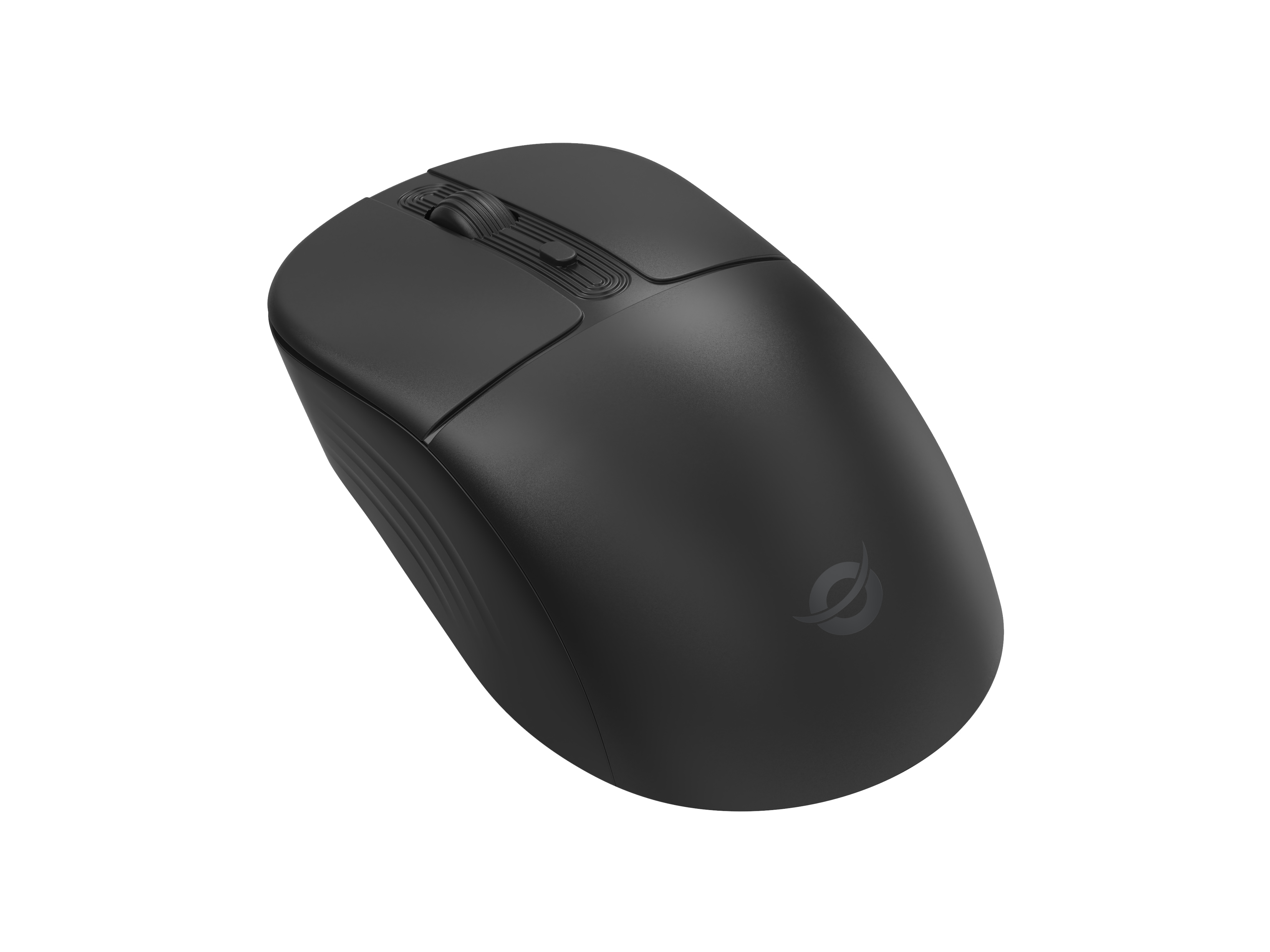 Zwarte draadloze muis met scrollwiel en logo op witte achtergrond.