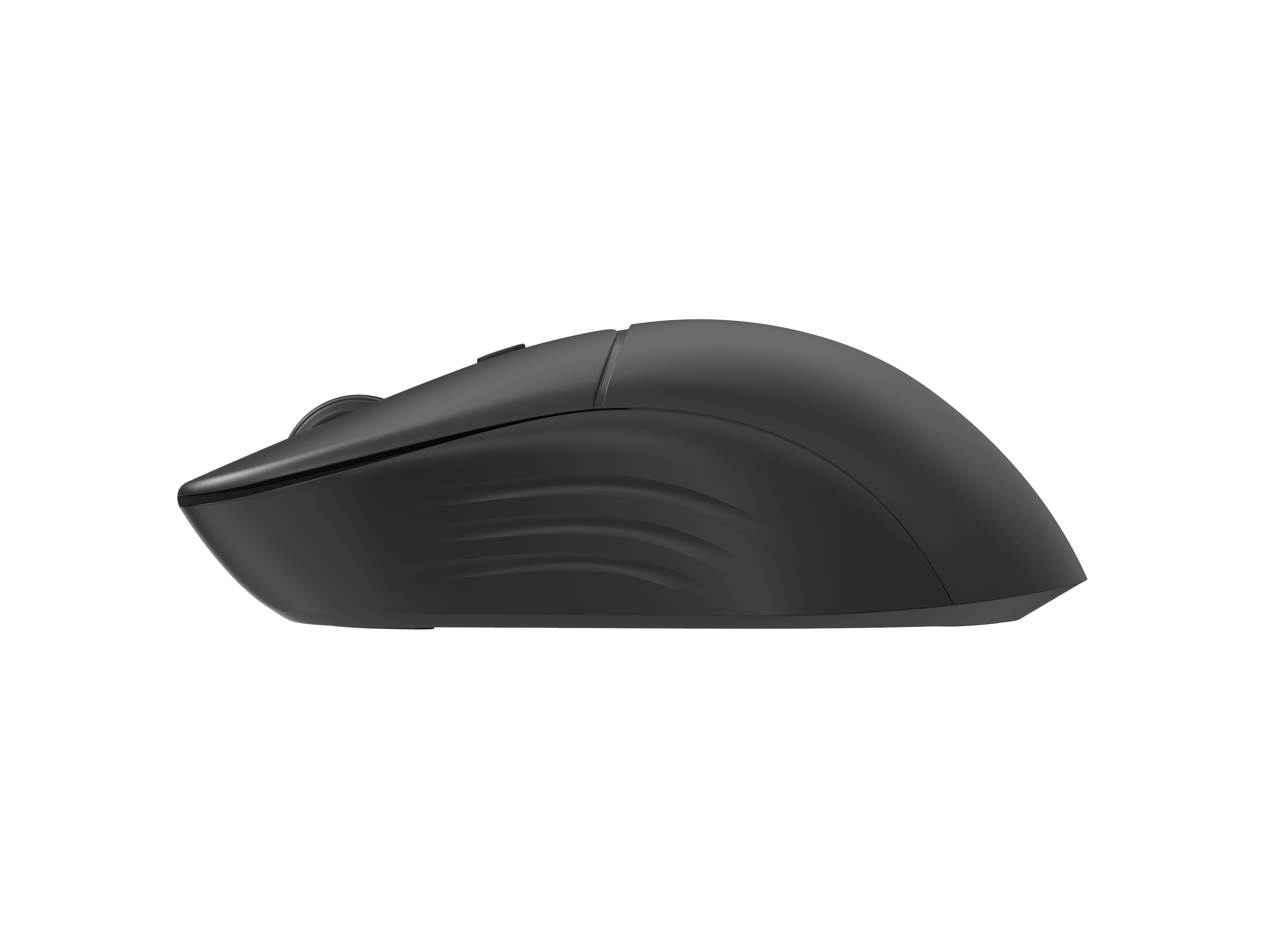 Zwarte computermuis met een gebogen ontwerp, zijaanzicht. Het staat op een witte achtergrond.