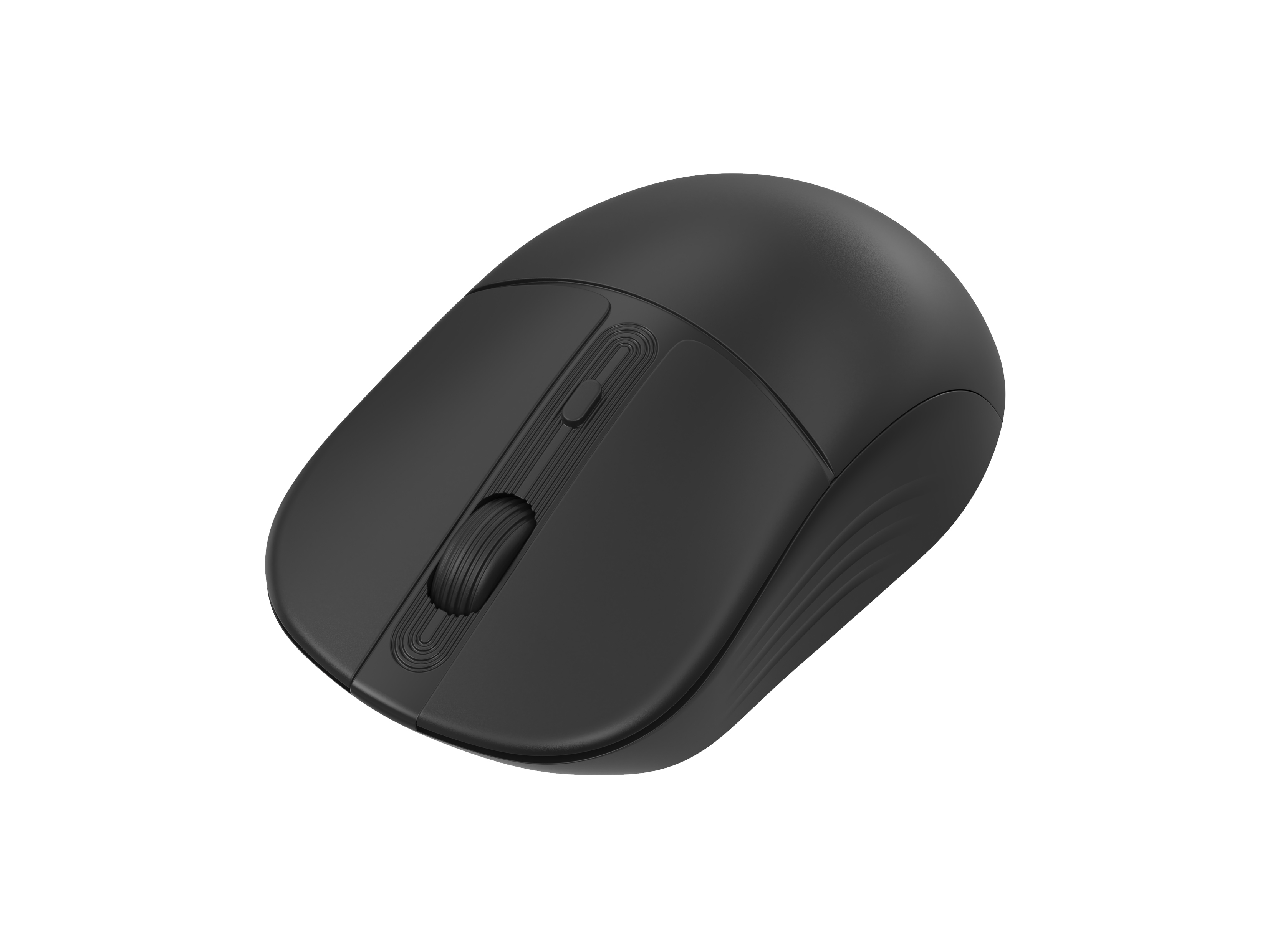 Zwarte draadloze muis met scrollwiel en twee knoppen bovenop. Op witte achtergrond.