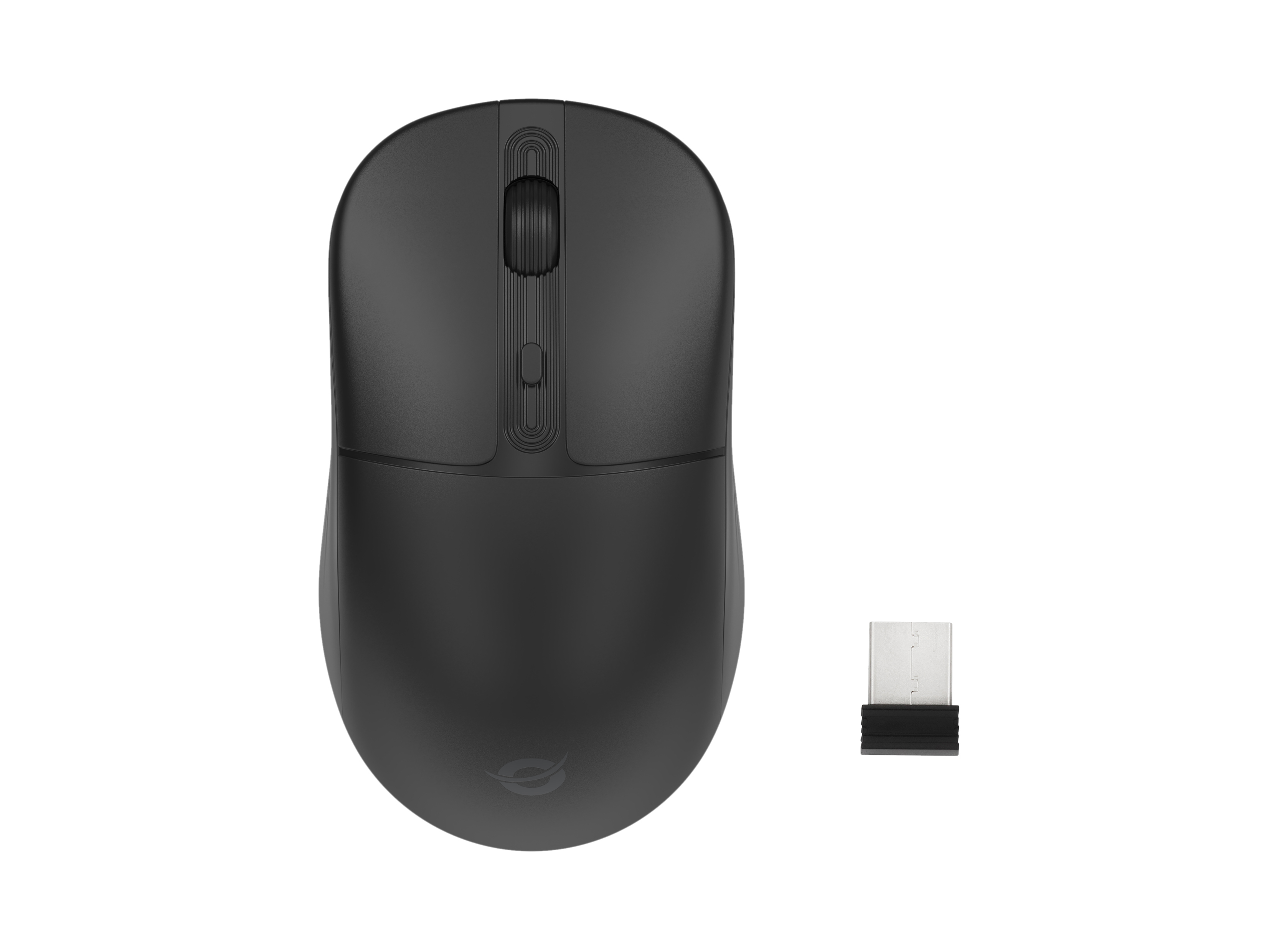 Zwarte draadloze muis met een USB-ontvanger. Het apparaat is geïsoleerd op een witte achtergrond.