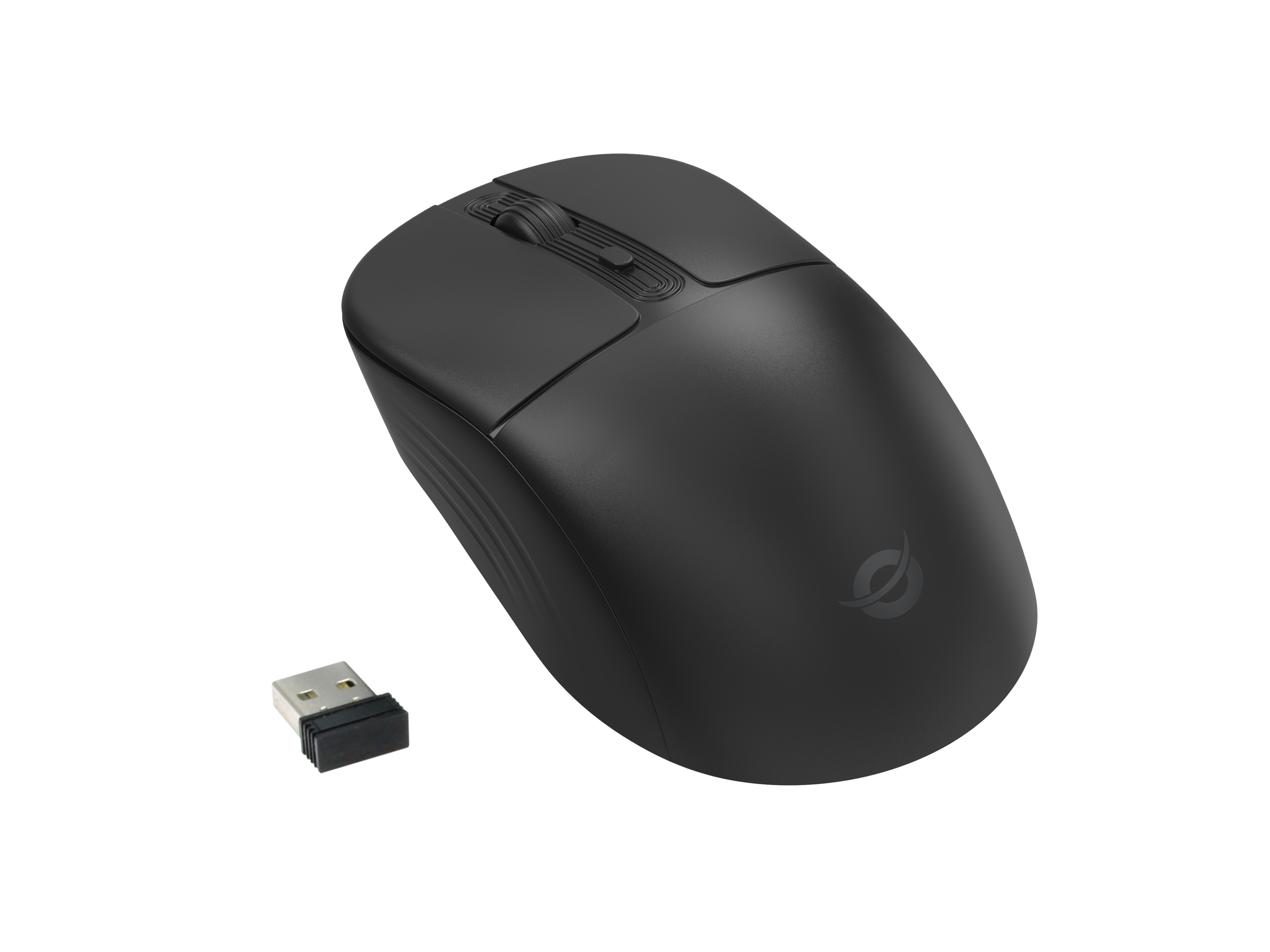 Zwarte draadloze muis en USB-ontvanger. Zijaanzicht, op witte achtergrond.