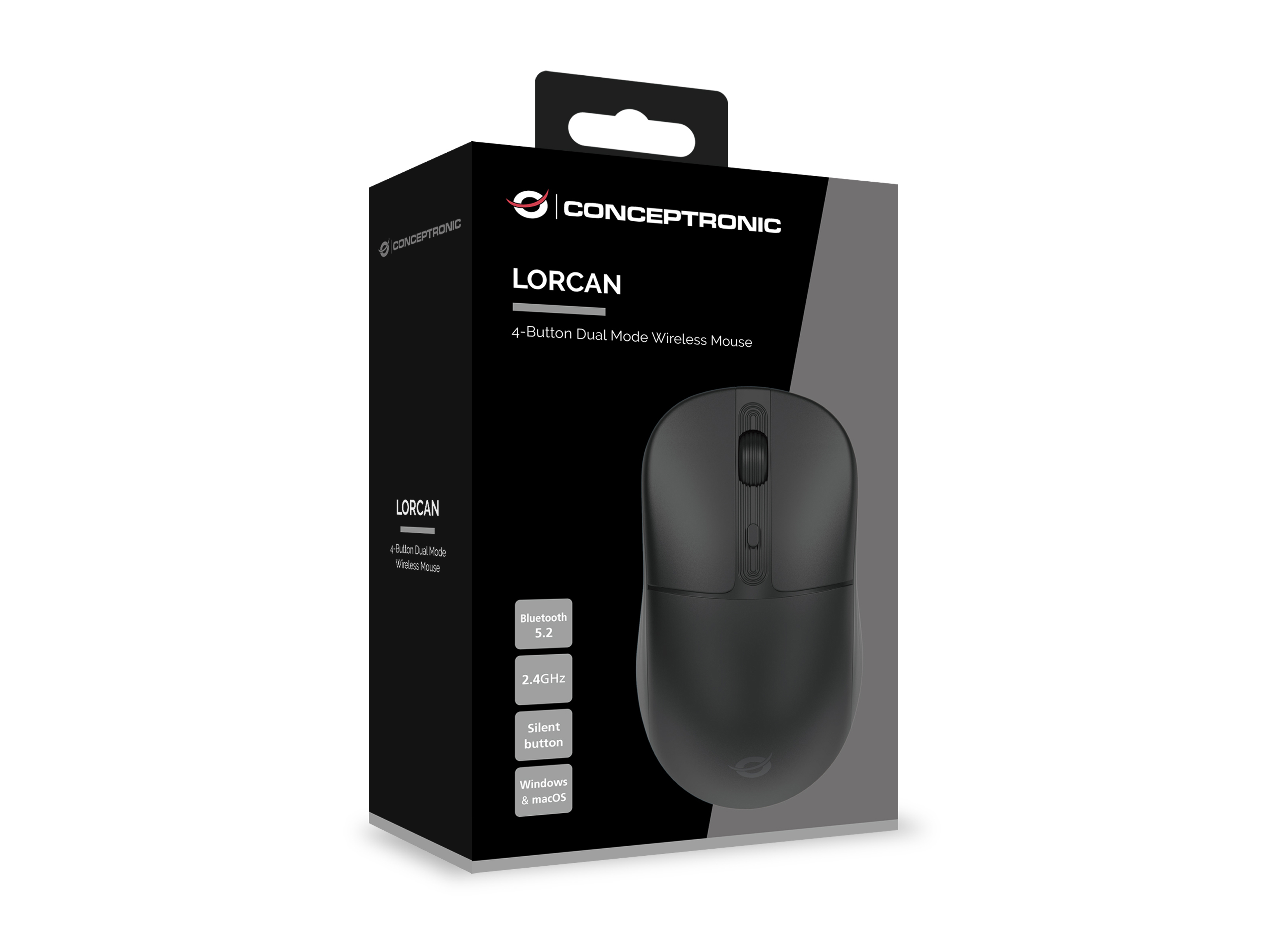 Zwarte Conceptronic LORCAN muis in een doos. Doos bevat tekst en afbeeldingen.