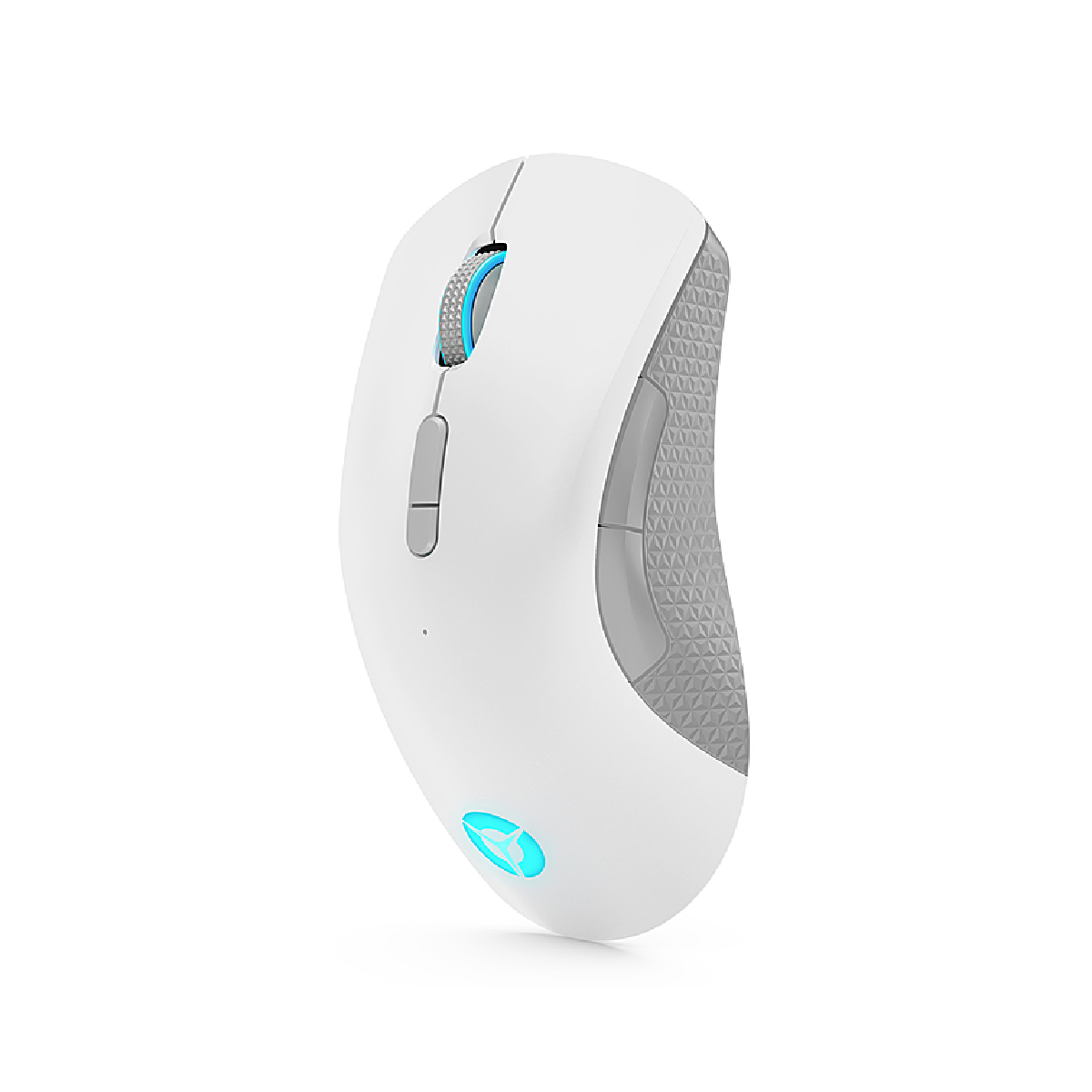 Biała mysz do gier z niebieskimi akcentami. Ma kółko, przyciski i logo.