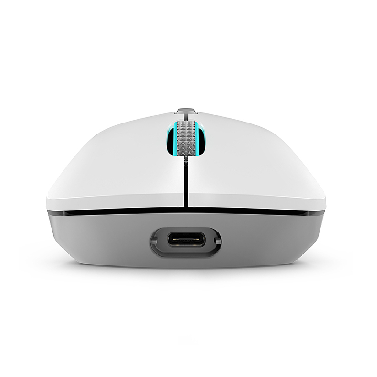 Biała mysz z szarą podstawą, portem USB-C i kółkiem przewijania z turkusowymi akcentami.