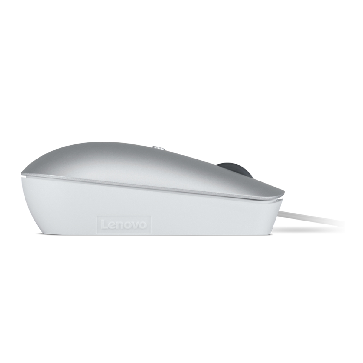 Biało-srebrna mysz Lenovo, widok z boku, białe tło.