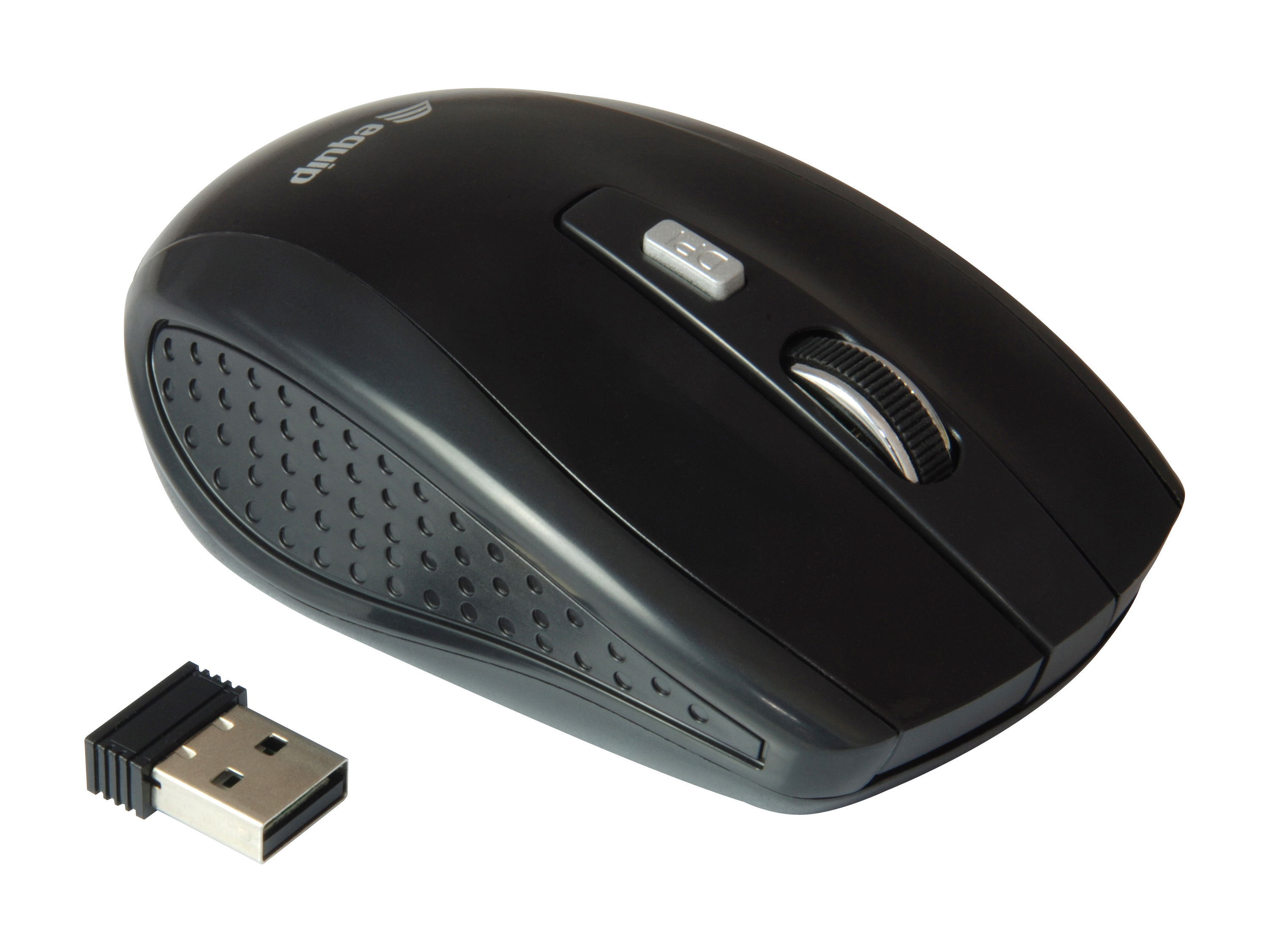 Zwarte draadloze muis met USB-ontvanger. Met scrollwiel en zijgrepen. Witte achtergrond.