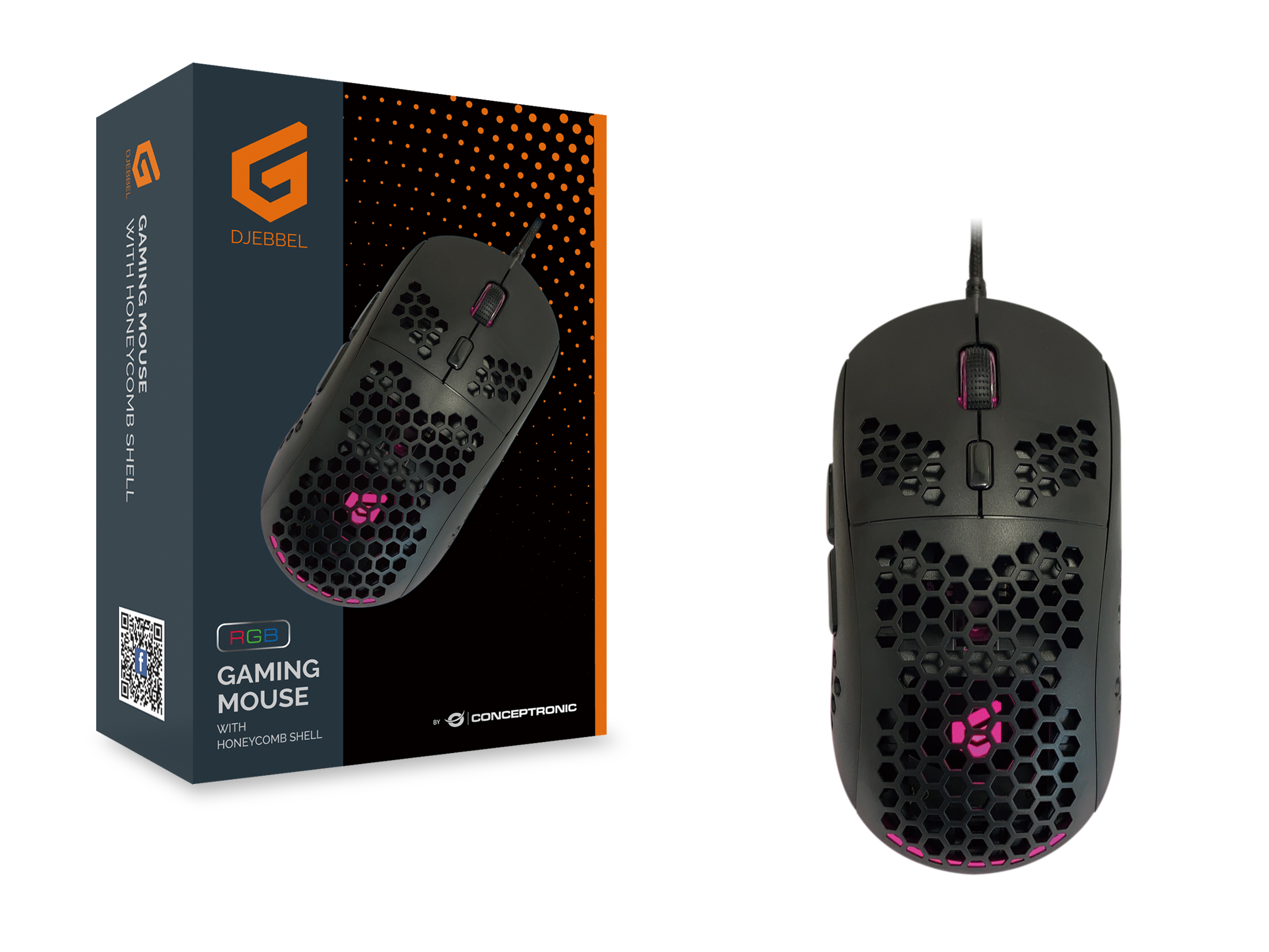 Gamingmuis met honingraatschaal, doos en muis op witte achtergrond. Zwart en roze.