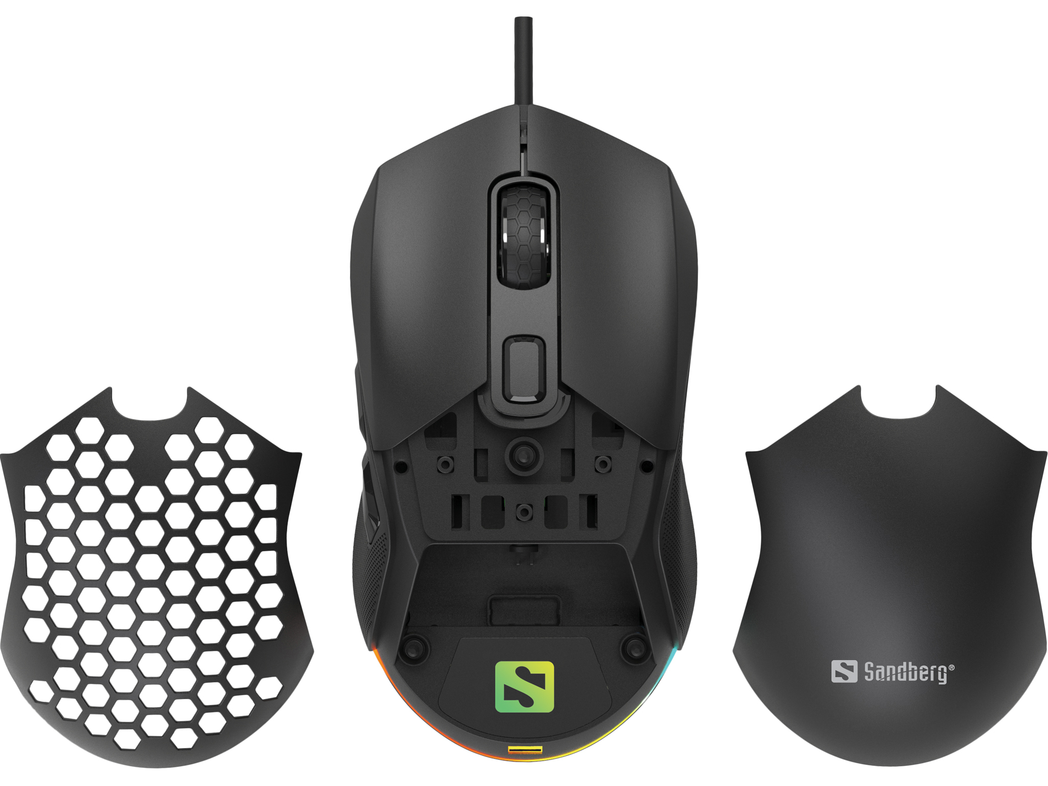 Zwarte gamingmuis met honingraatpaneel, cover en afneembare onderdelen op witte achtergrond.