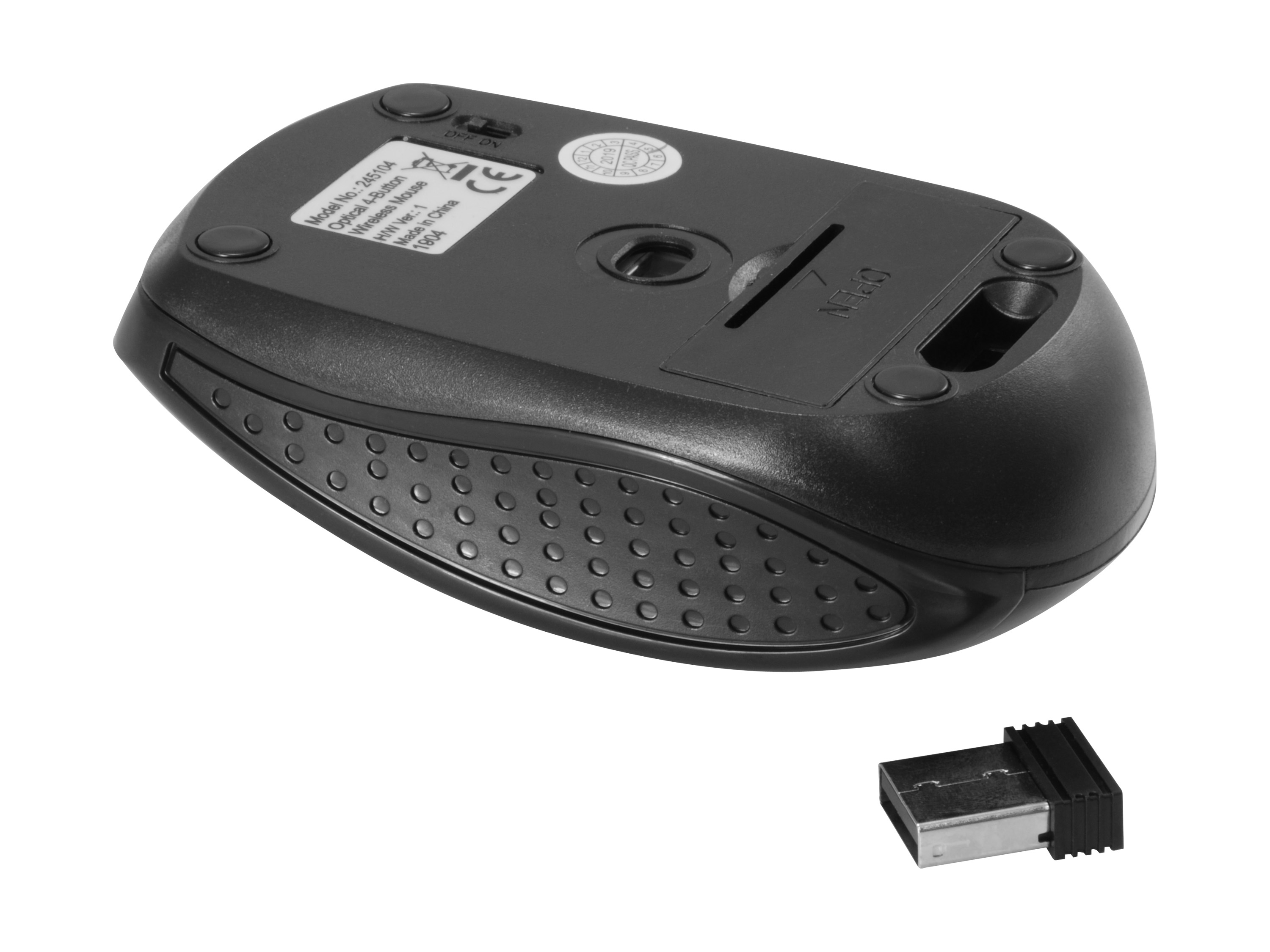 Zwarte computermuis van onderaf gezien, met een USB-ontvanger. Geïsoleerd op een witte achtergrond.