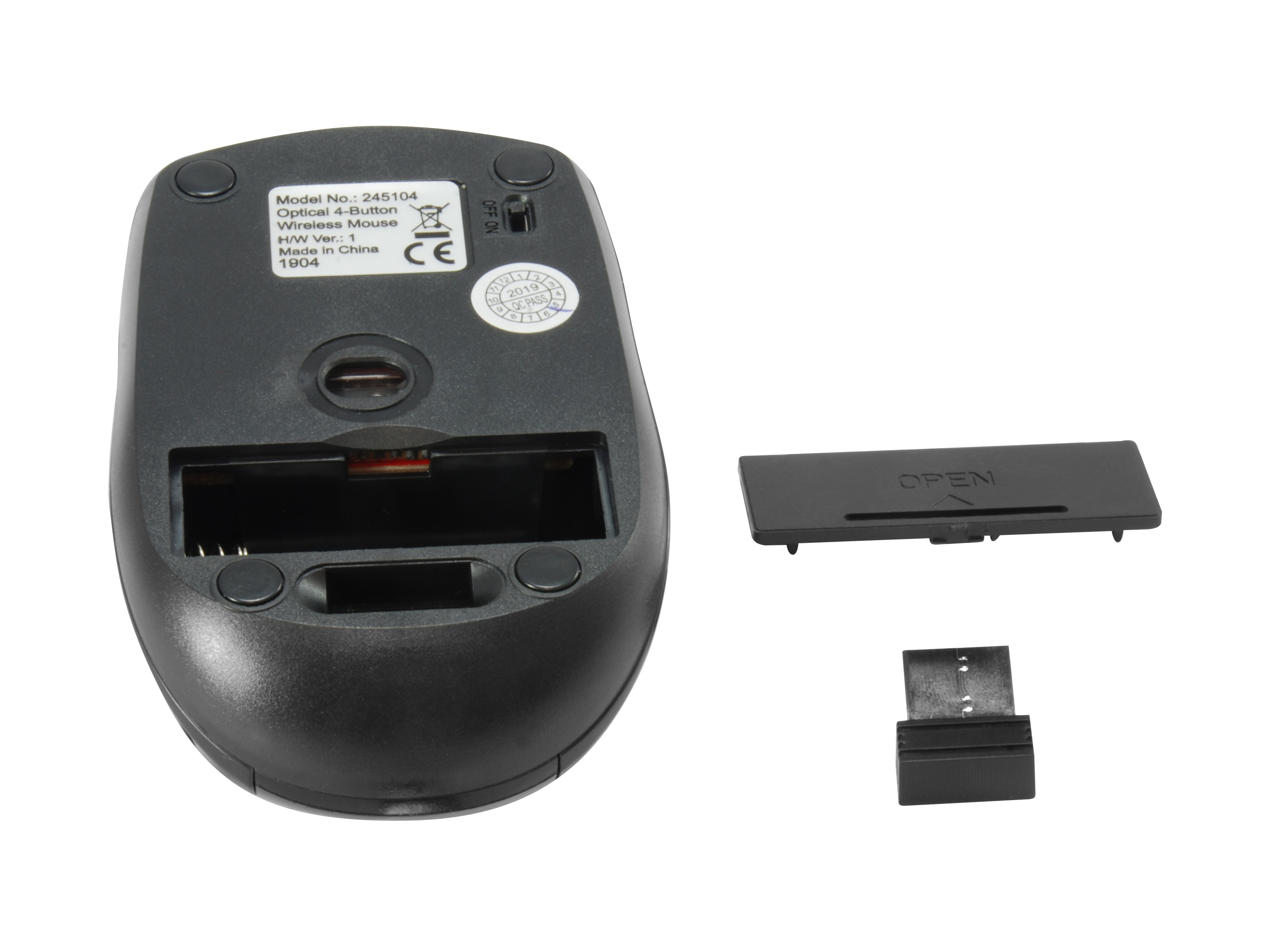 Onderkant zwarte draadloze muis. Toont batterijvak en USB-ontvangstslot.