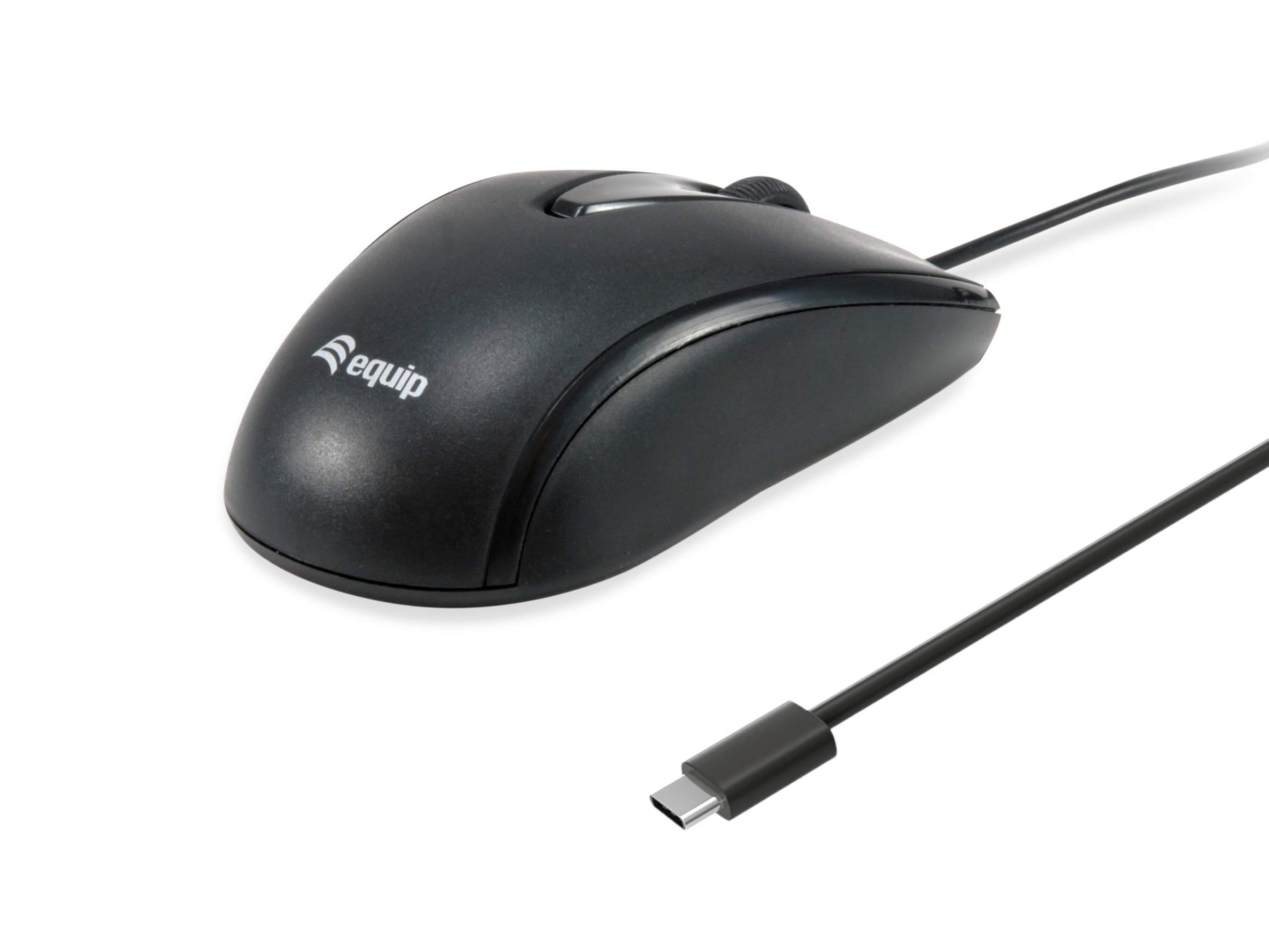 Zwarte Equip-muis met USB-C-kabel. De muis heeft een scrollwiel en Equip-logo.
