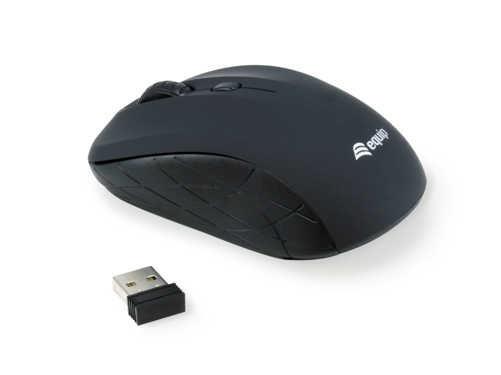 Zwarte muis met een USB-ontvanger. De muis is in profielweergave.