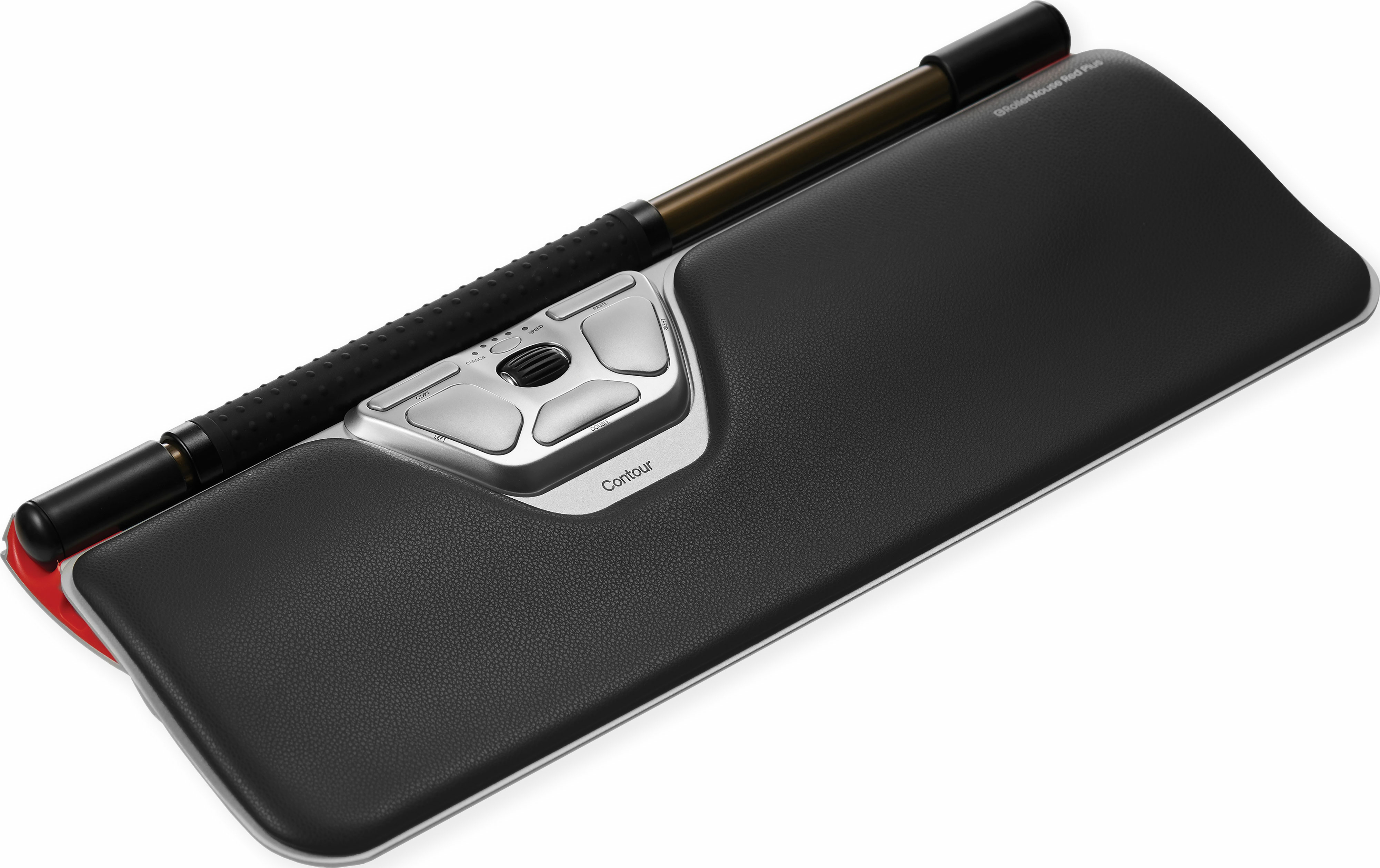 Czarna i srebrna podkładka pod mysz z myszką. Mysz jest srebrna i czarna.