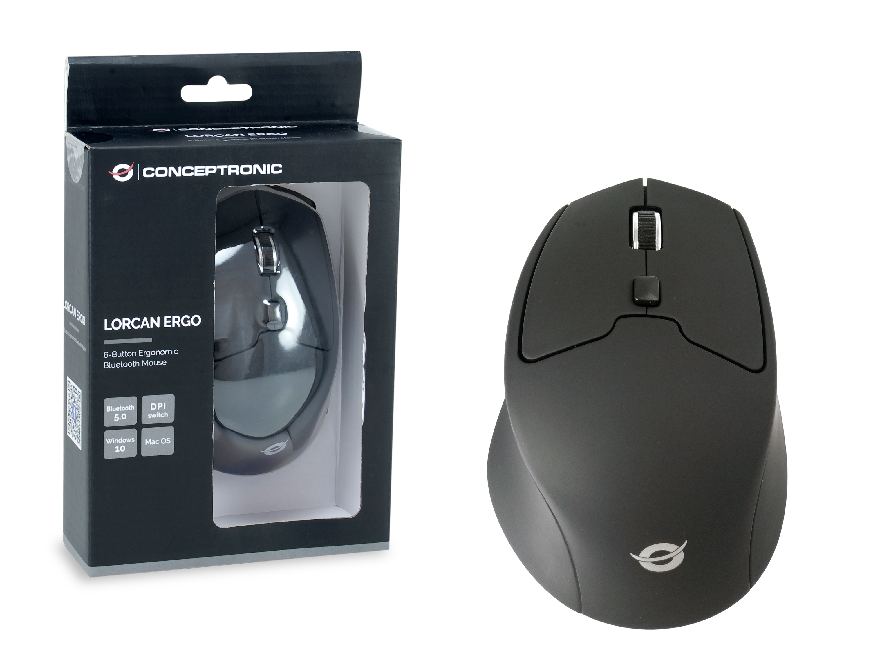 Souris ergonomique noire avec boîte. La boîte indique qu'il s'agit d'une souris Bluetooth.