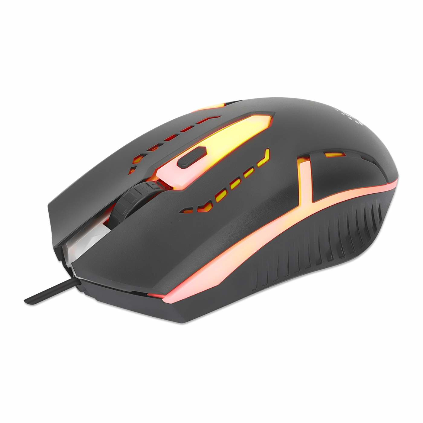 Mouse da gaming nero con dettagli arancioni e rossi, con cavo, su sfondo bianco.
