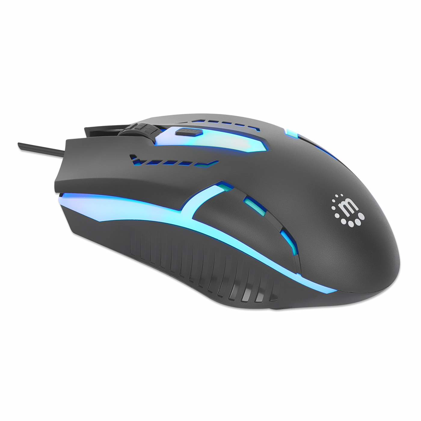 Mouse da gioco nero con luci blu. Lo sfondo è bianco.