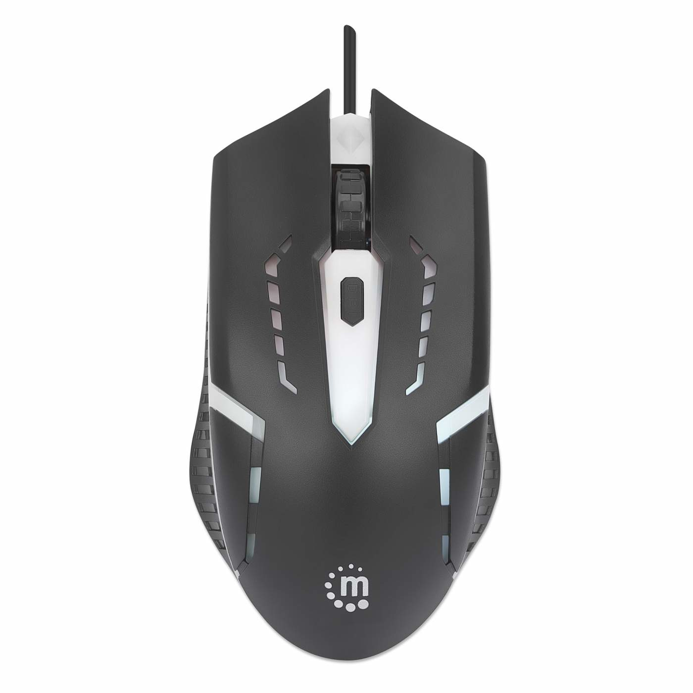 Mouse da gioco nero con accenti e luci bianche. Ha una rotella e pulsanti laterali.