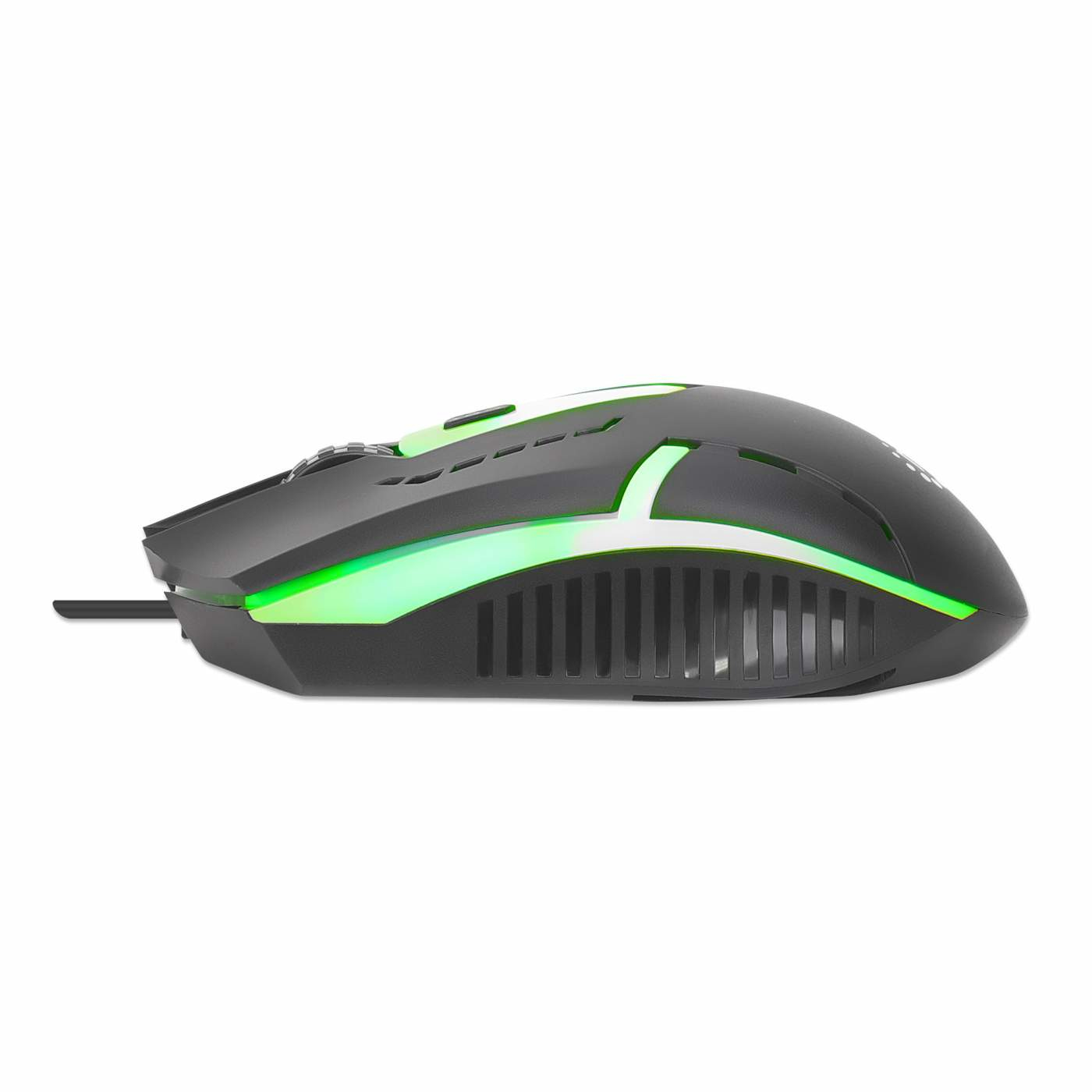 Un mouse da gioco nero con illuminazione verde e un cavo nero.