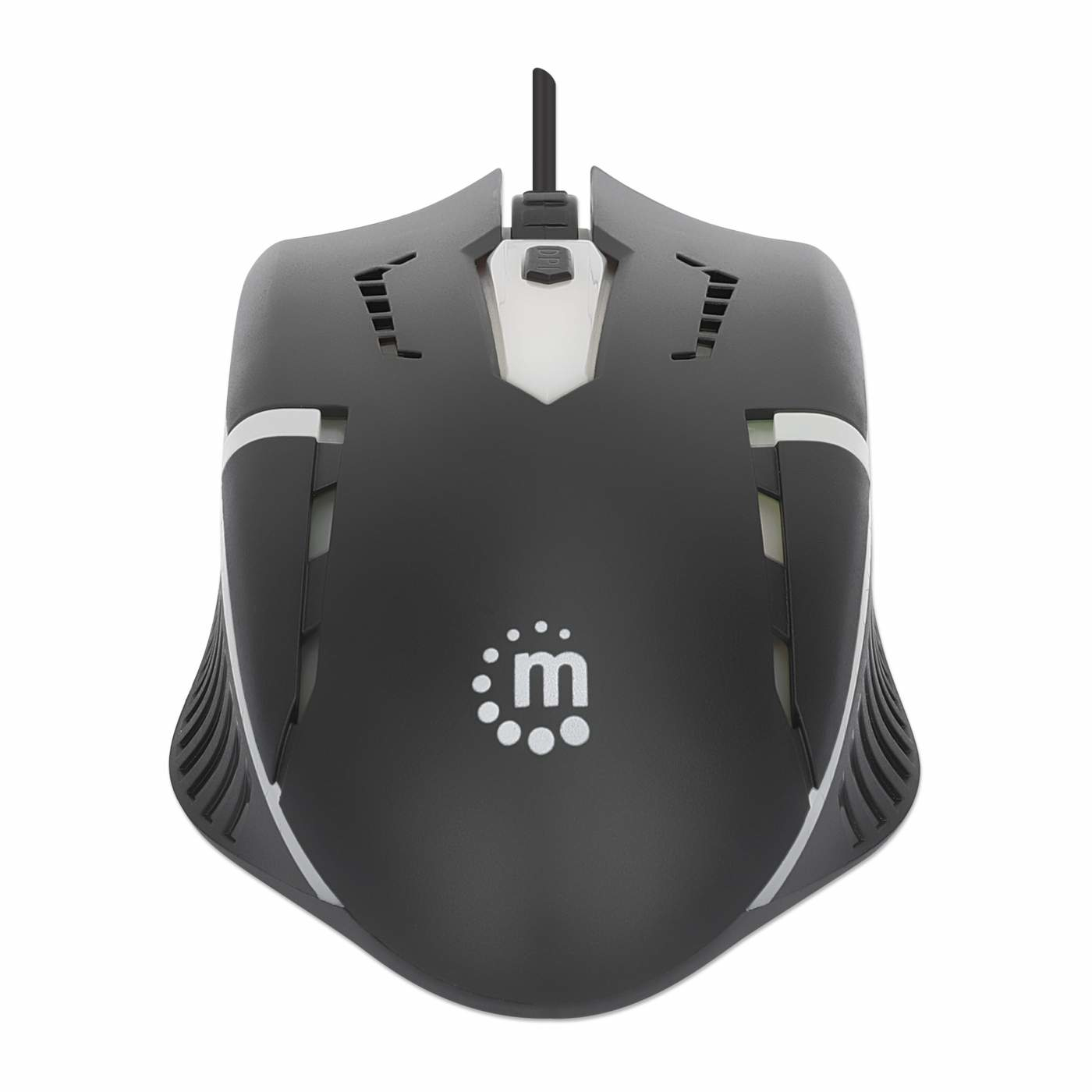 Mouse da gioco nero con dettagli bianchi e logo su superficie bianca.