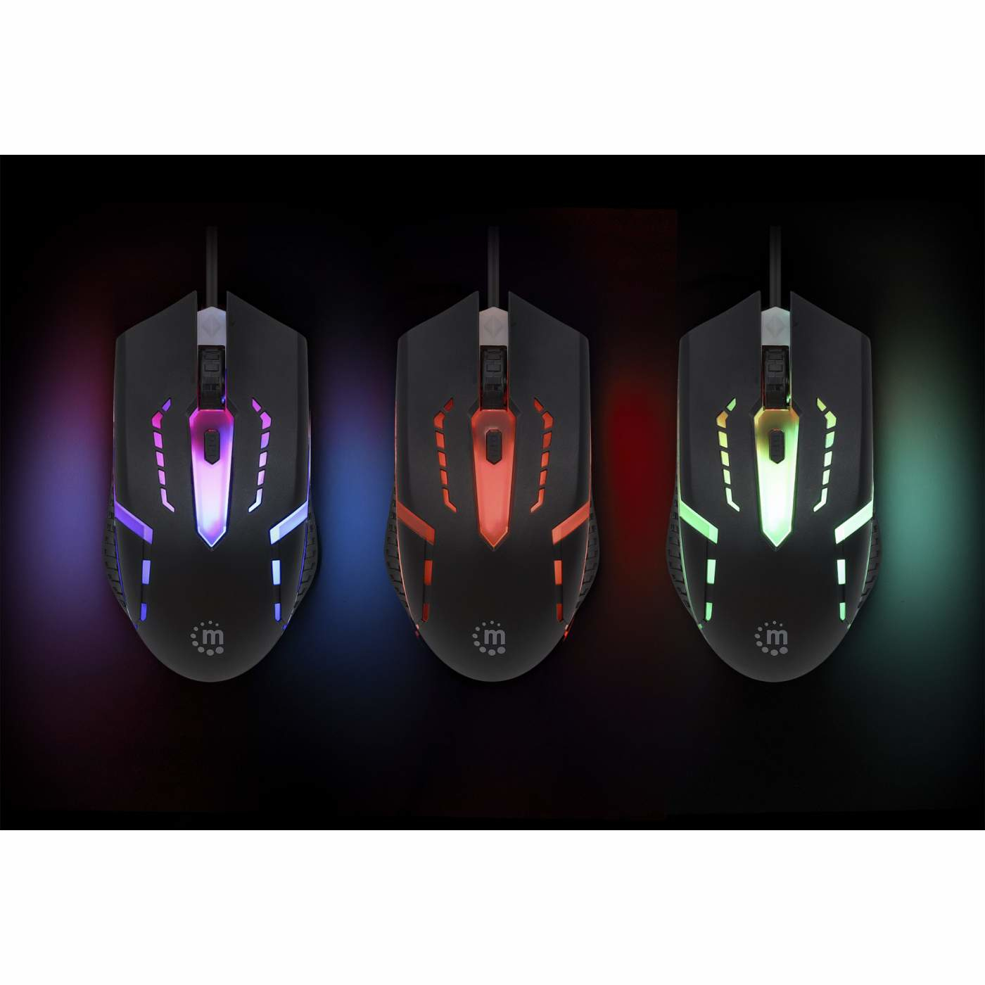 Tre mouse da gioco neri, ognuno con colori diversi.