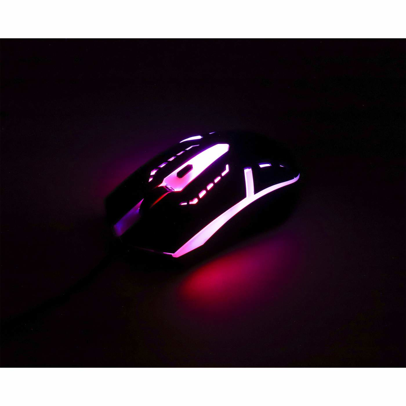 Mouse da gioco nero con luci LED. Effetti di luce rossi e rosa. Sfondo scuro.