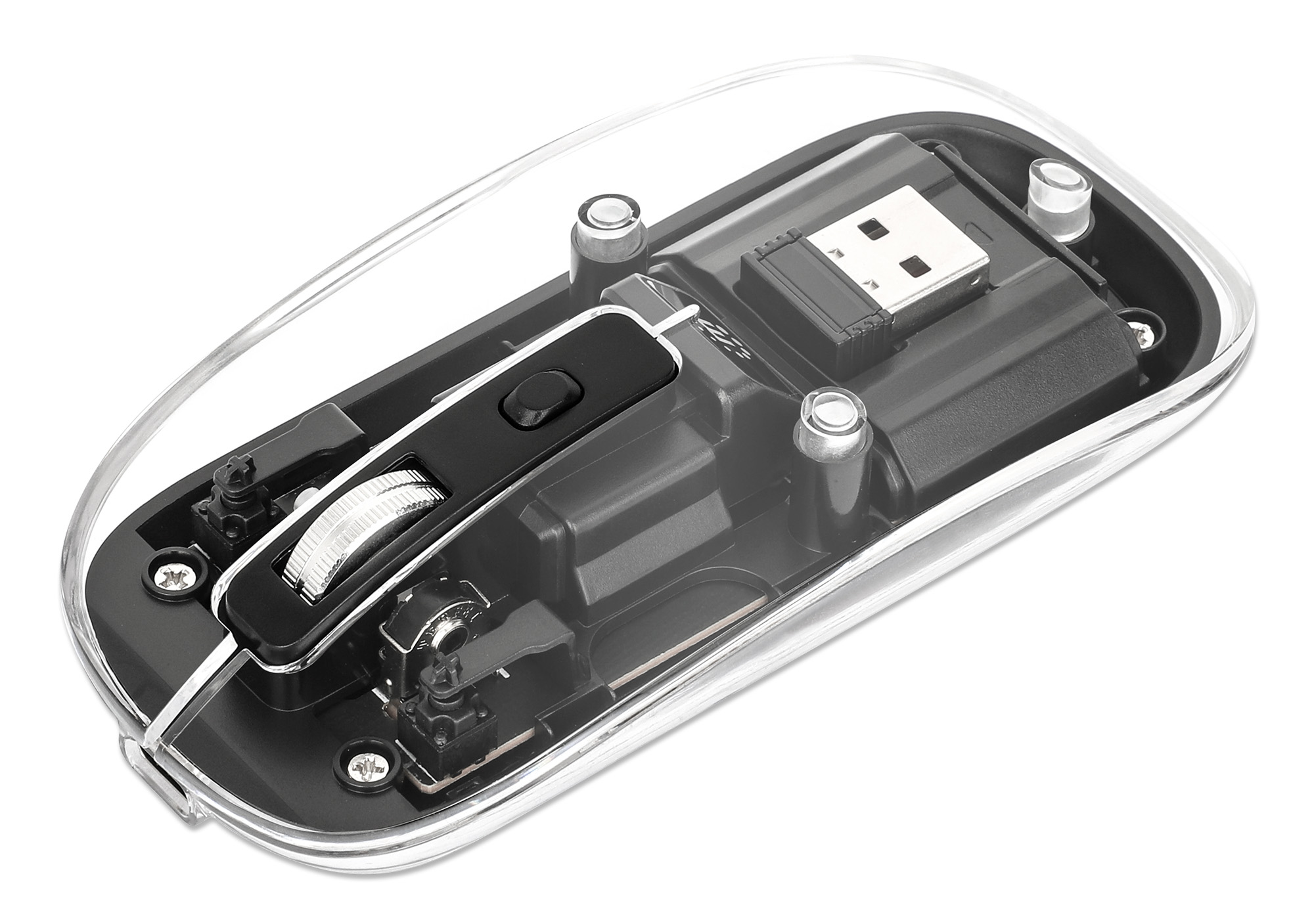 Un mouse trasparente con i suoi componenti interni visibili, inclusa la rotella e il ricevitore USB.
