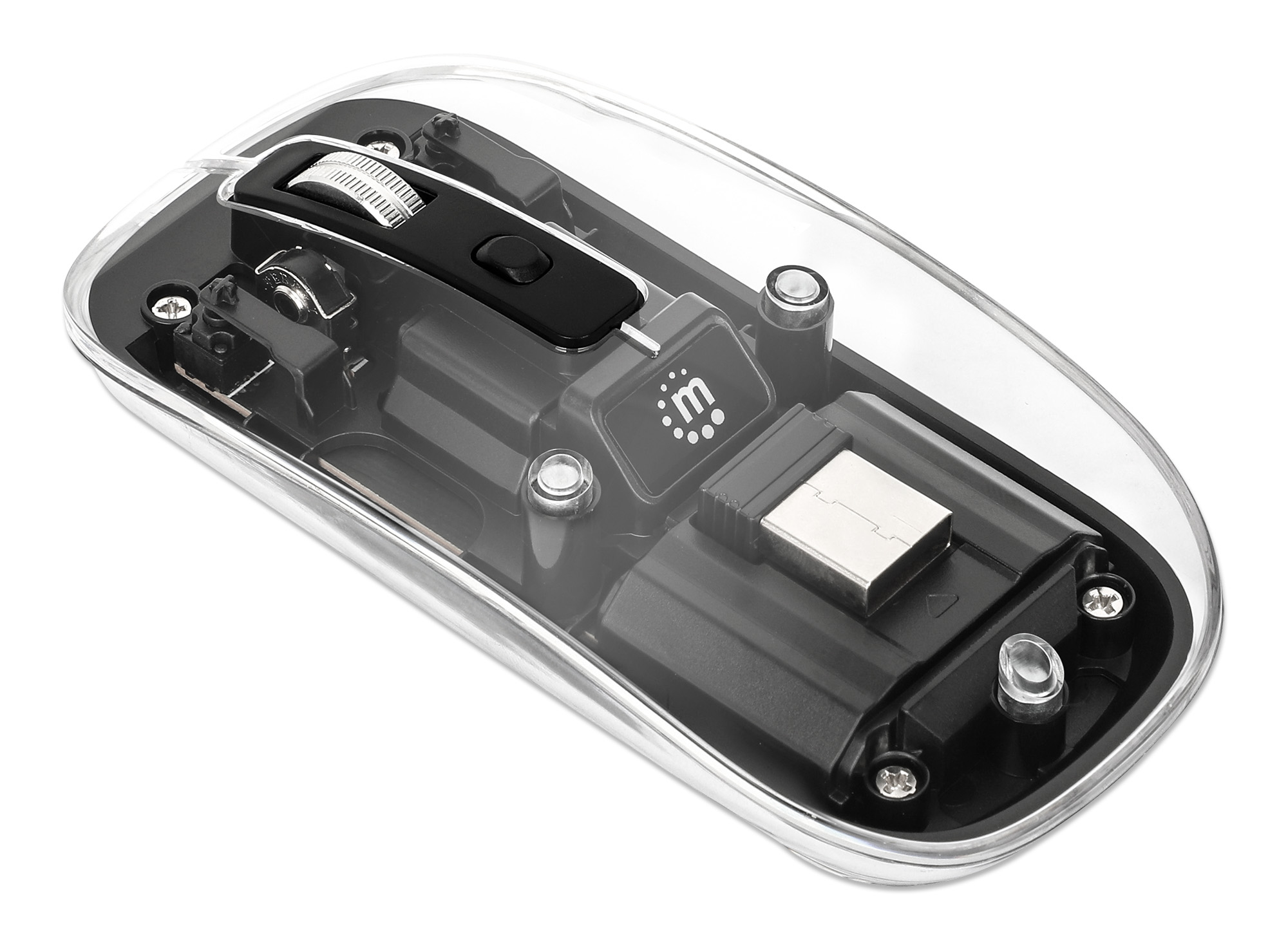 Mouse wireless trasparente. Interni visibili. Rotella e pulsante neri.