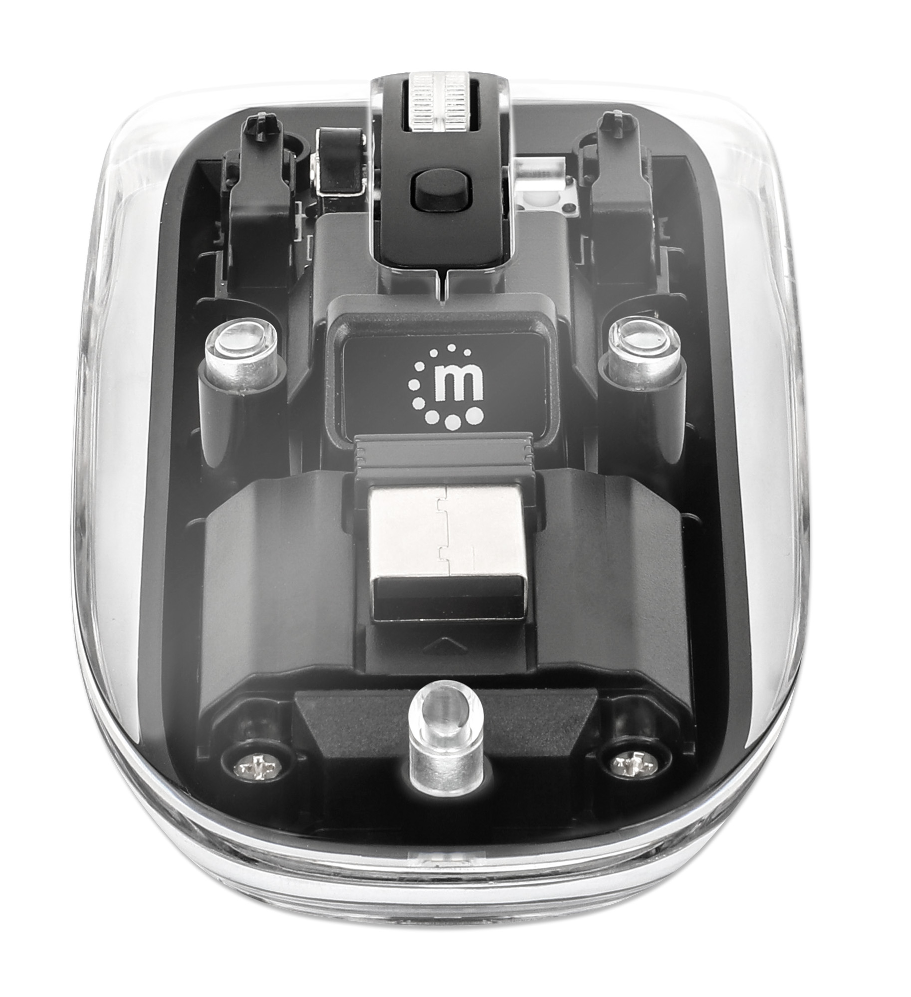 Un mouse per computer trasparente che mostra i componenti interni, su sfondo bianco.