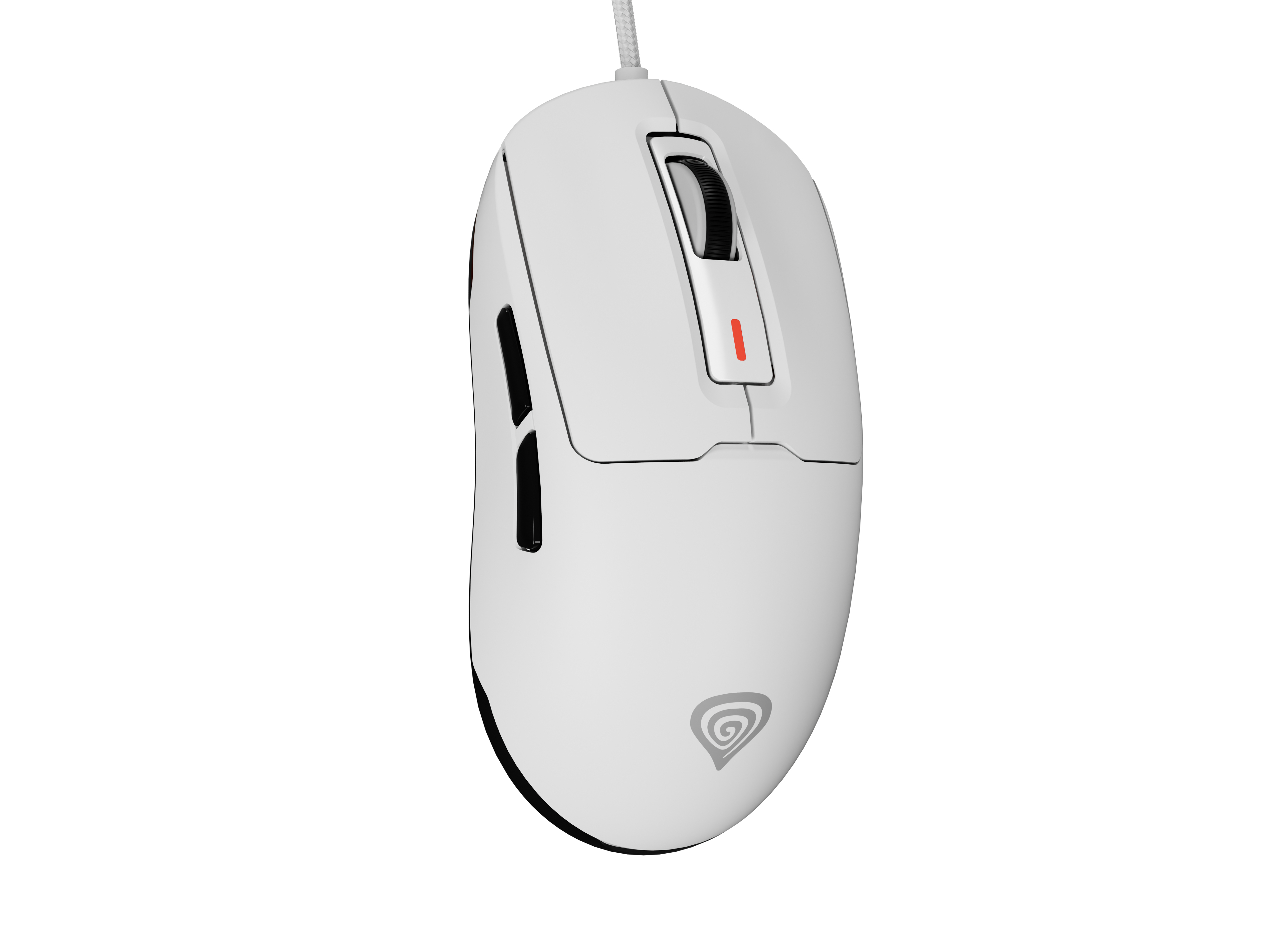Witte Genesis gamingmuis met een kabel. Twee zijknoppen en een scrollwiel. Rode lijn.