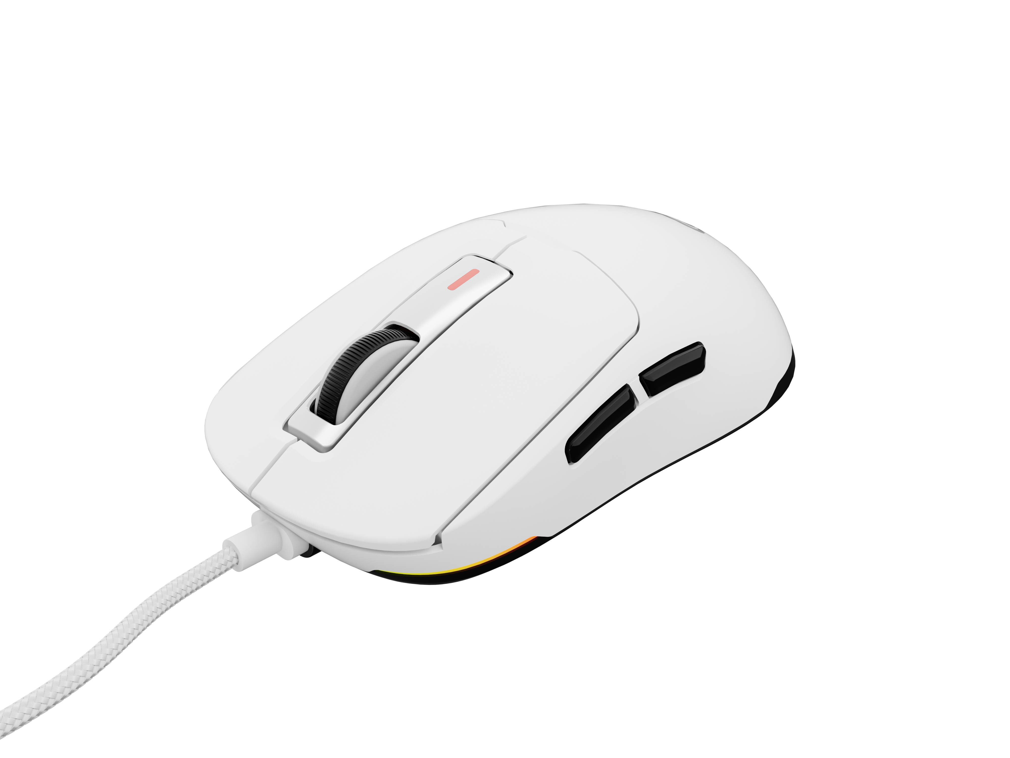 Witte gamingmuis met kabel. Het heeft zwarte knoppen, een scrollwiel en rood licht.