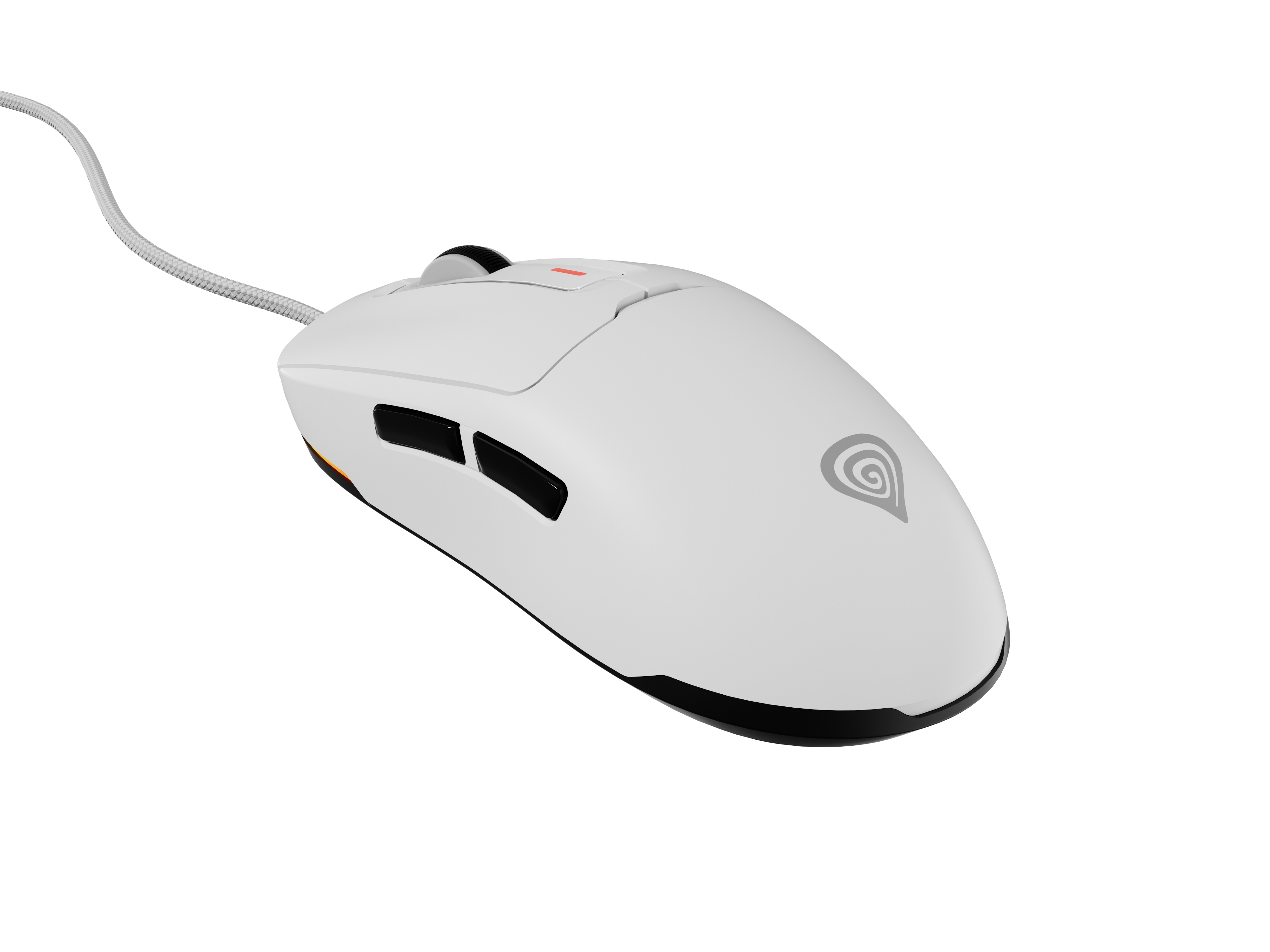 Witte Genesis-muis met kabel, met zwarte accenten en oranje details.