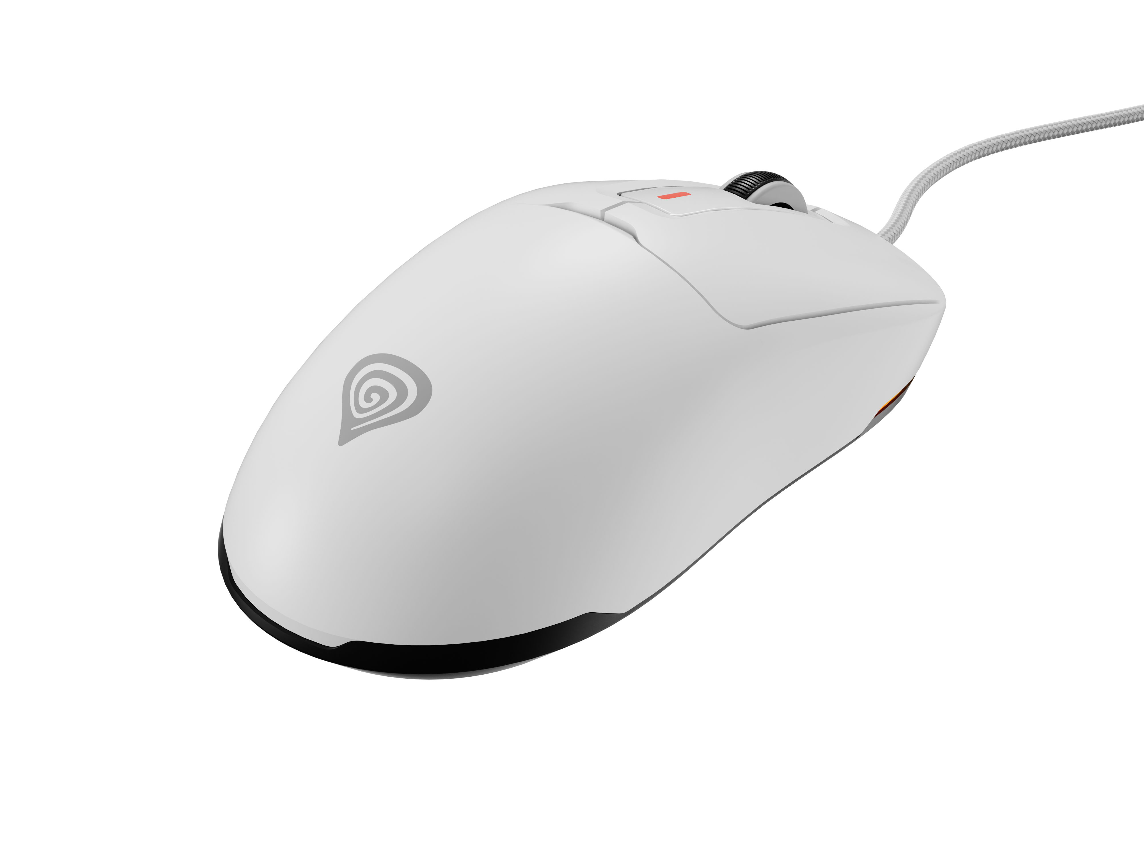 Witte muis met een logo. De muis is in profielweergave.