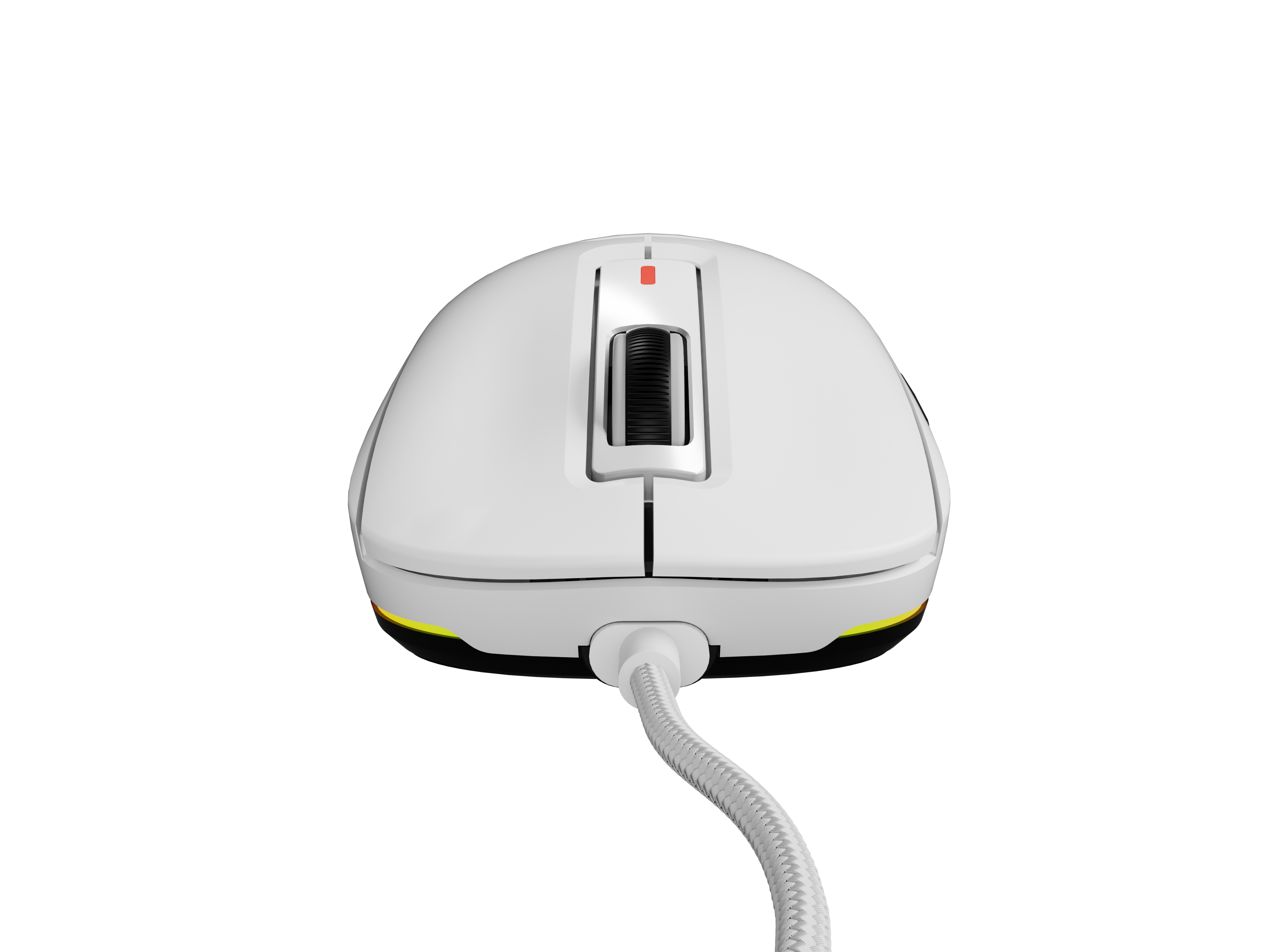 Witte muis met kabel, scrollwiel en rode indicatielampjes. Witte achtergrond.
