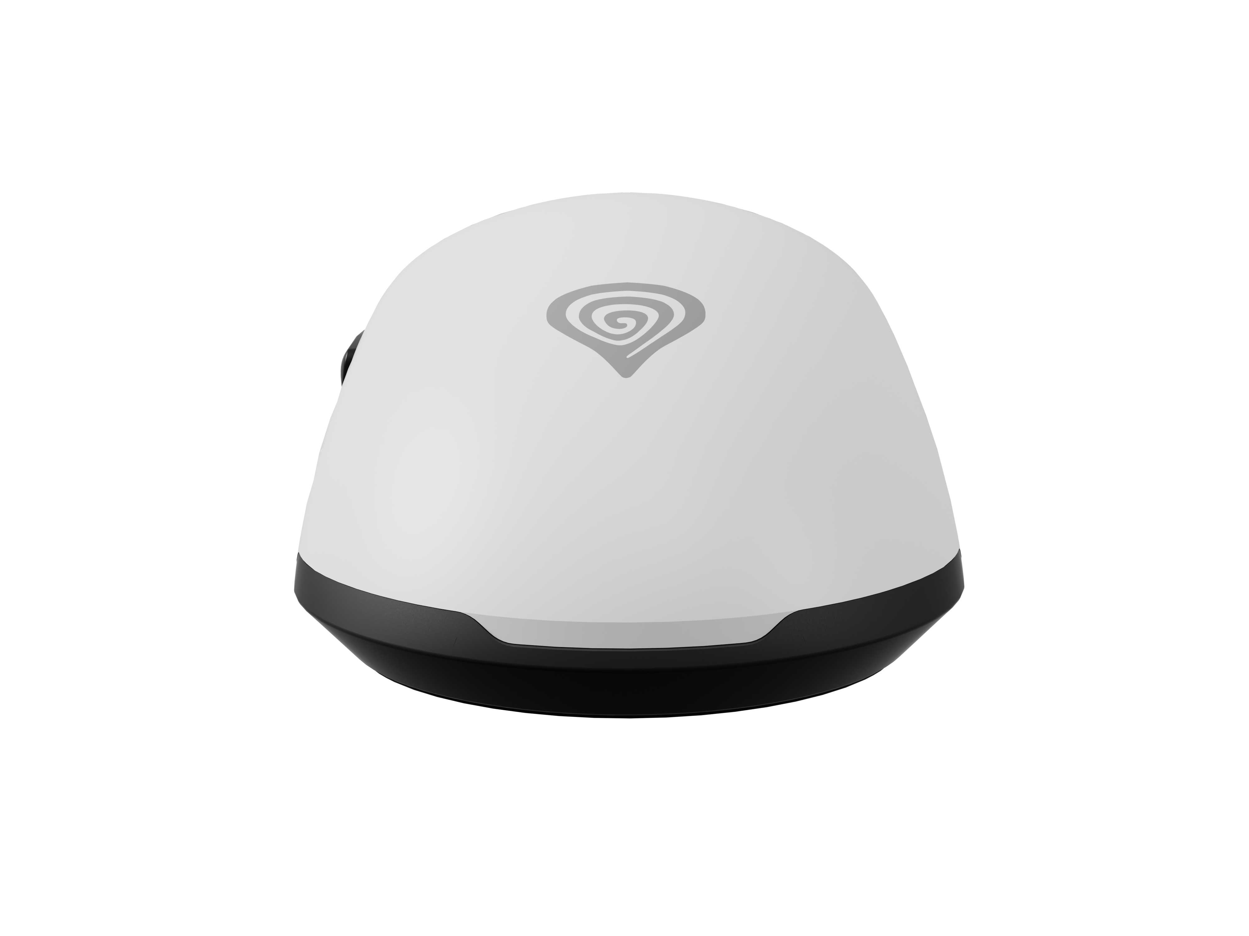 Witte computermuis met een Genesis-logo op een zwarte basis. De muis staat op een wit oppervlak.