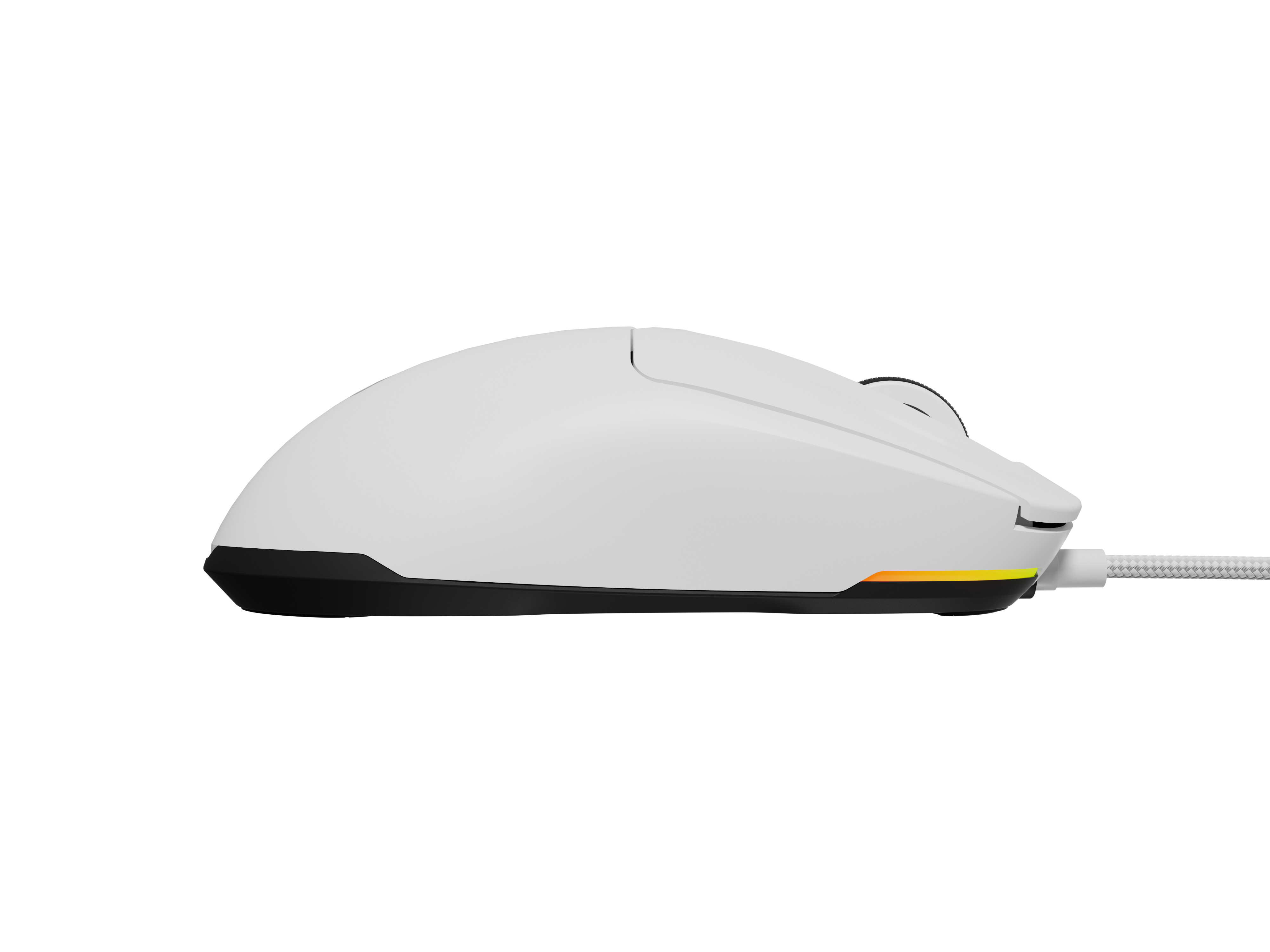 Witte computermuis met kabel, zijaanzicht.