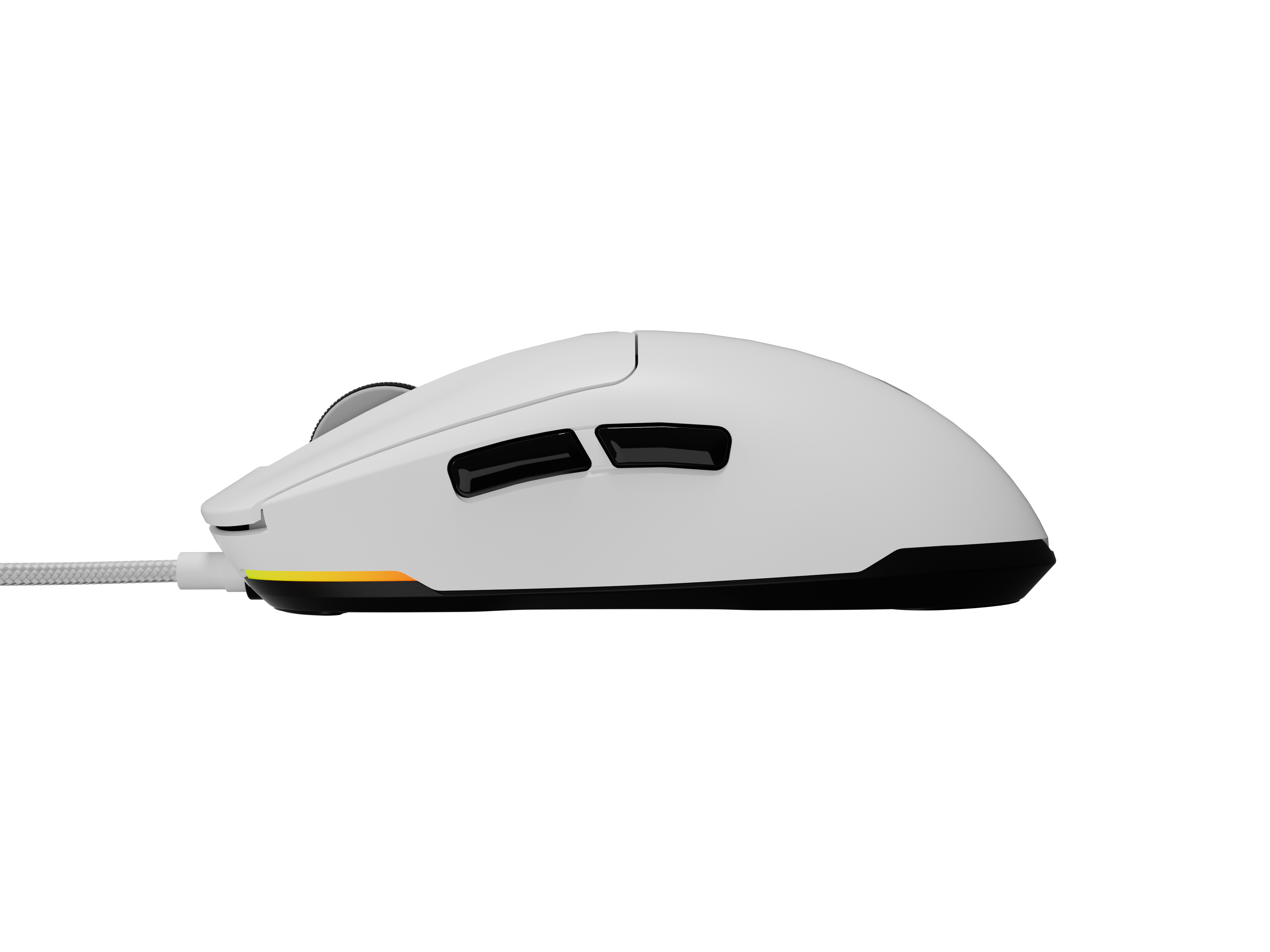 Witte gamingmuis met zwarte knoppen en een witte kabel. Zijaanzicht. Witte achtergrond.