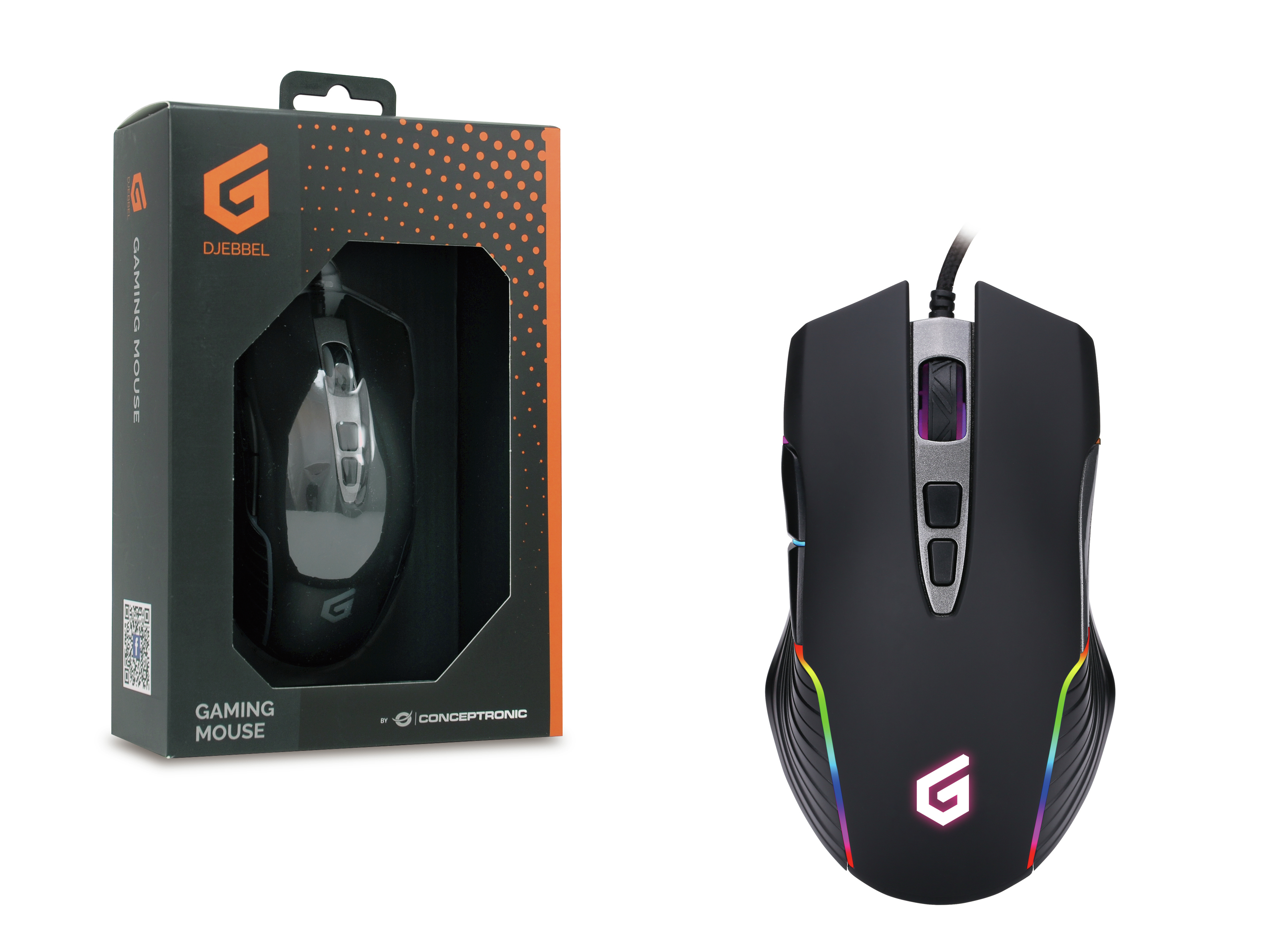 Zwarte gamingmuis met doos; witte achtergrond.