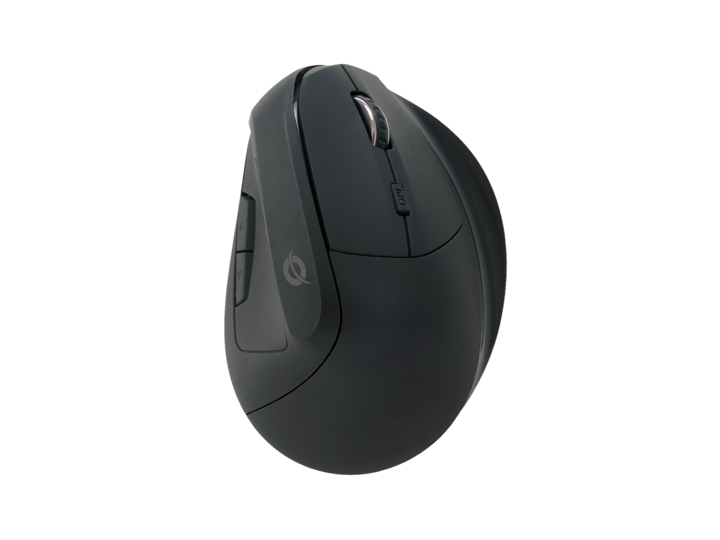 Souris ergonomique gris foncé. Elle a un design incurvé et plusieurs boutons. Fond blanc.