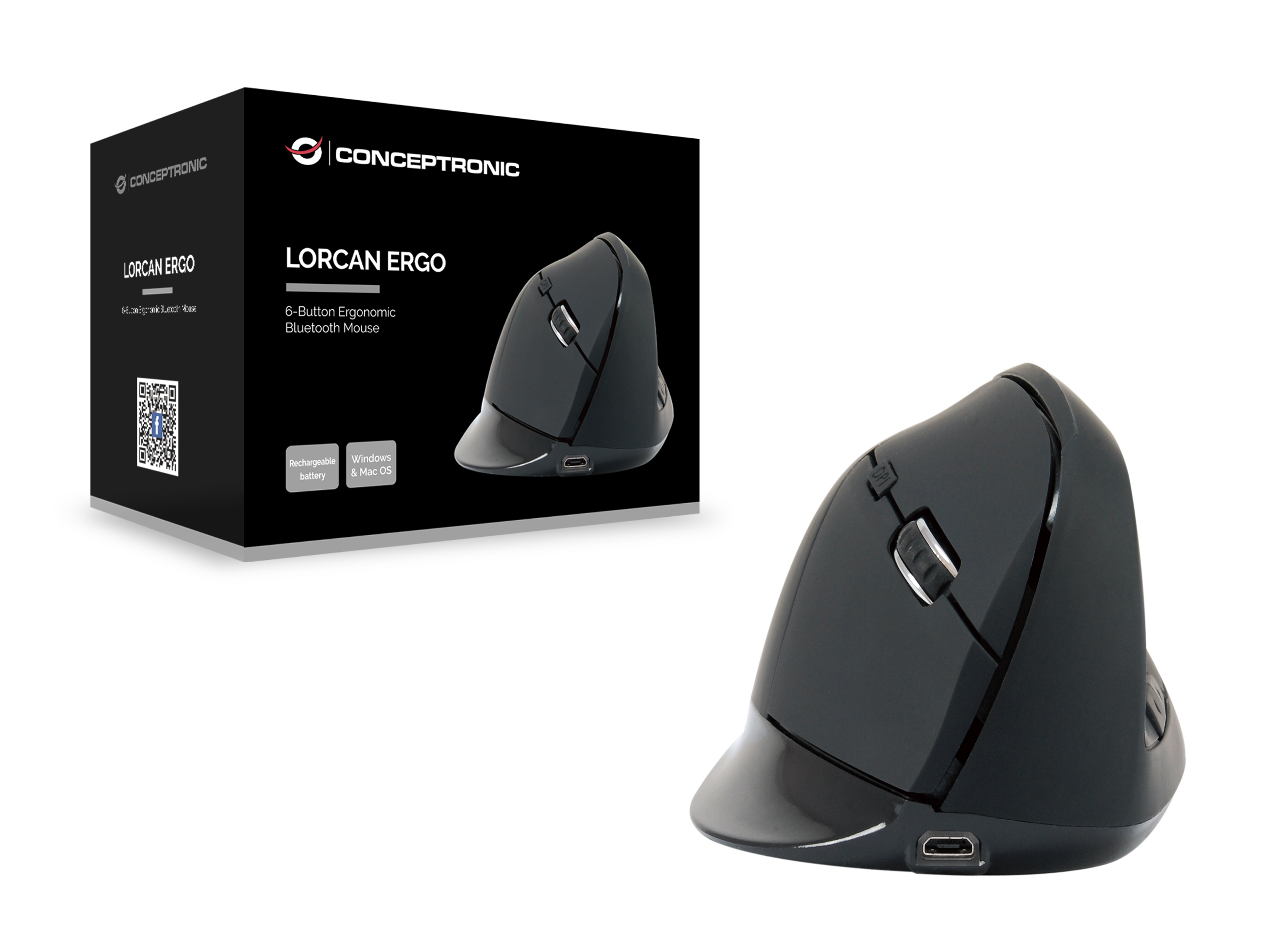 Une souris ergonomique noire avec une boîte à côté. La boîte comprend une image de la souris.
