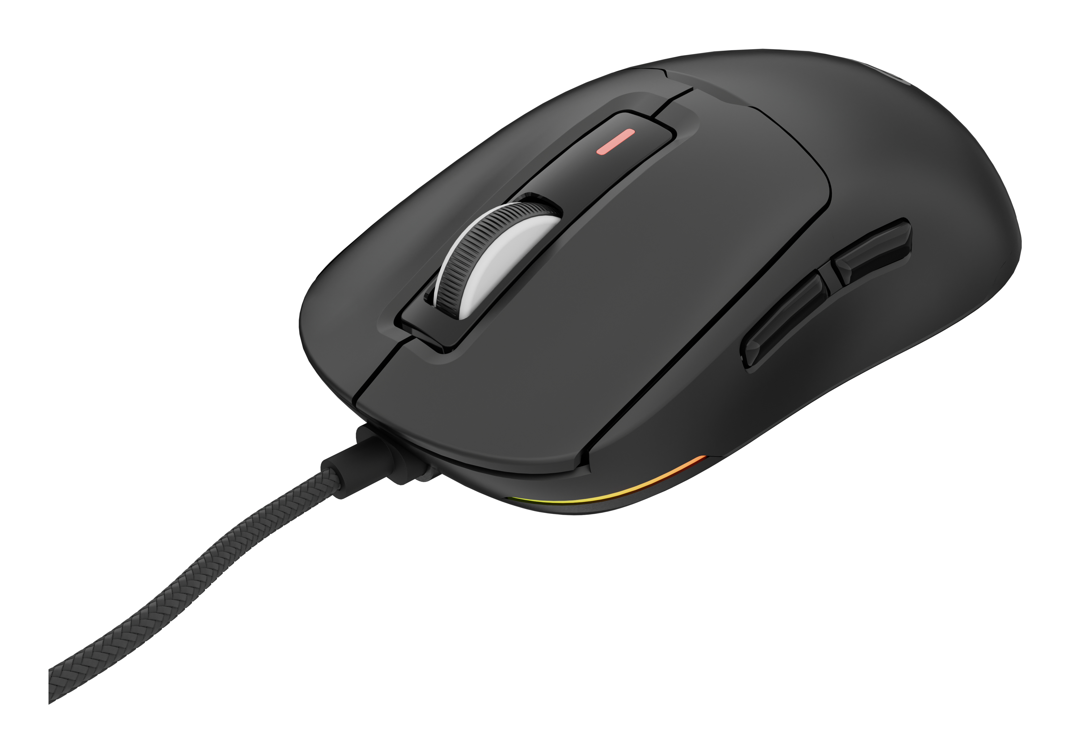 Zwarte muis met scrollwiel, rode knoppen en een kabel.