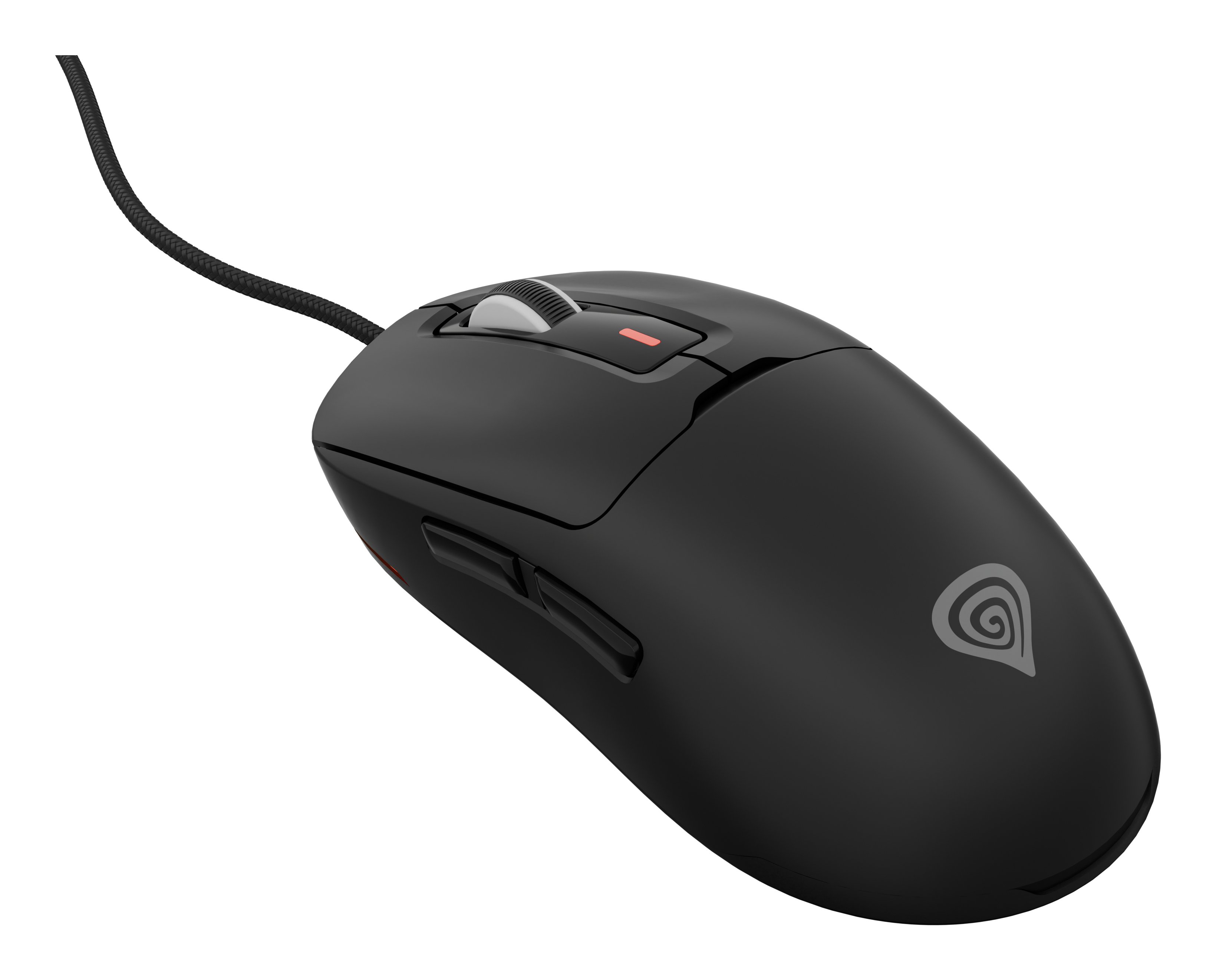 Zwarte computermuis met een kabel. Het heeft knoppen en een scrollwiel.