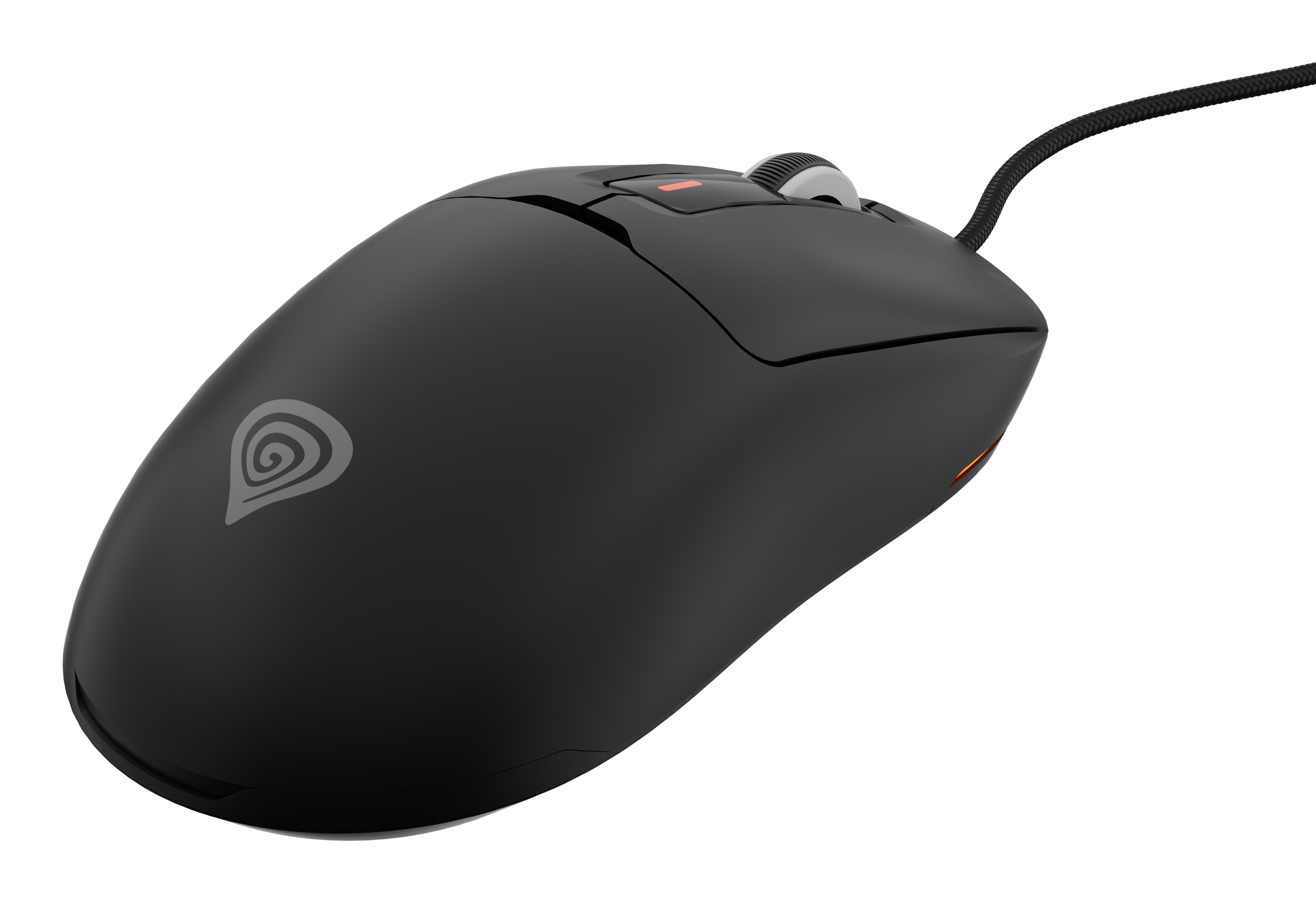 Zwarte gamingmuis met bedrade verbinding en een logo bovenaan.