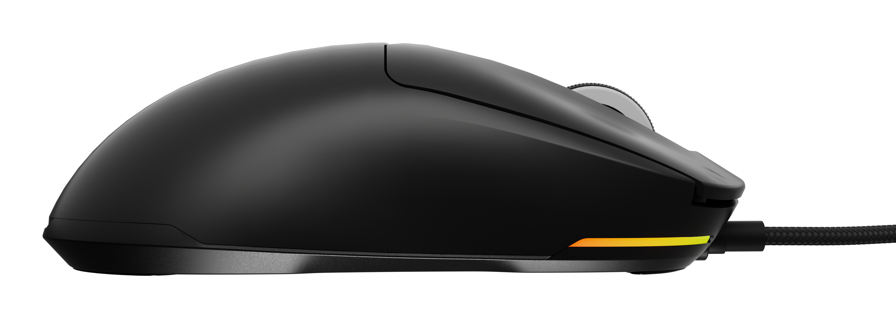 Zwarte muis in zijaanzicht, subtiel ontwerp en kabel met oranje/gele accent.