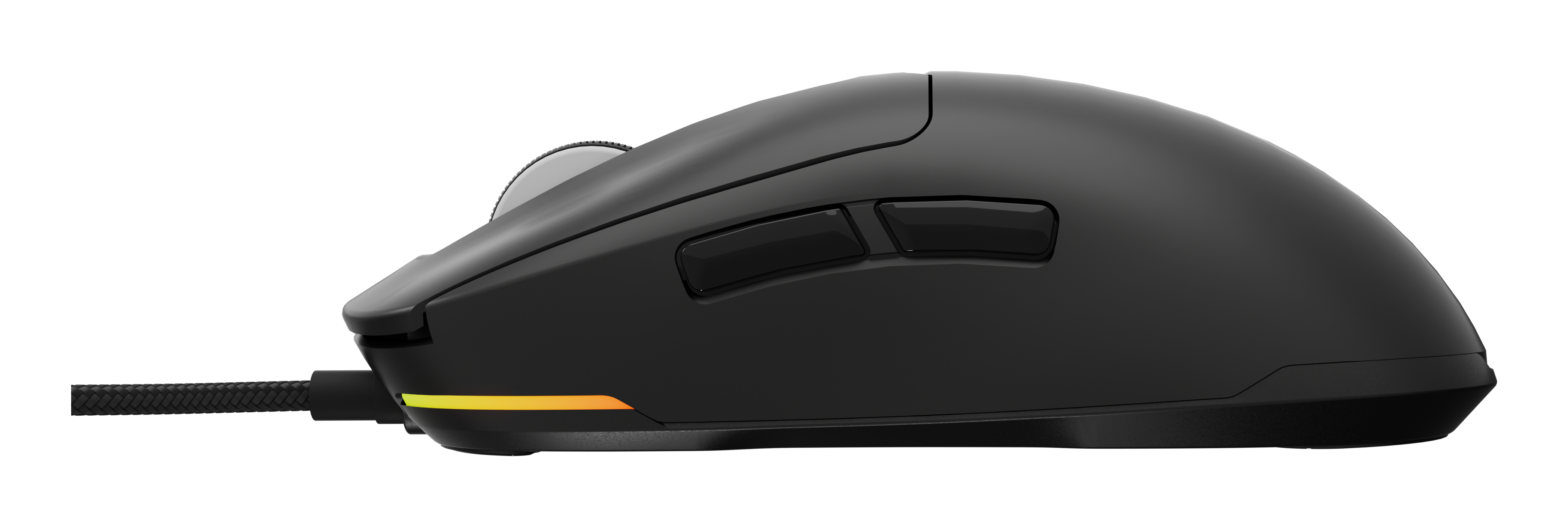 Zwarte gamingmuis van de zijkant gezien. Heeft knoppen, een scrollwiel en een kabel.