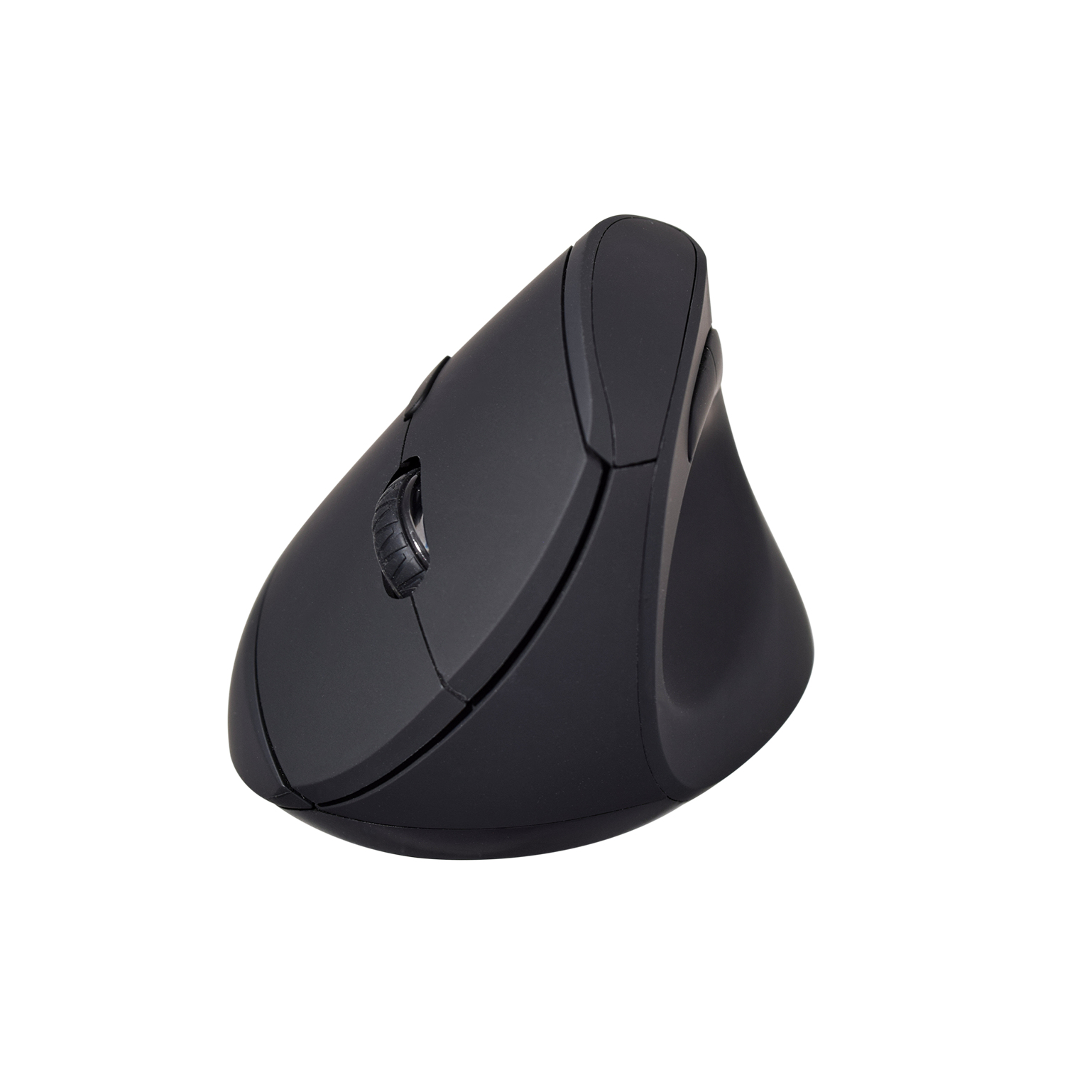 Mouse ergonomico nero con design verticale, angolato per una presa comoda.