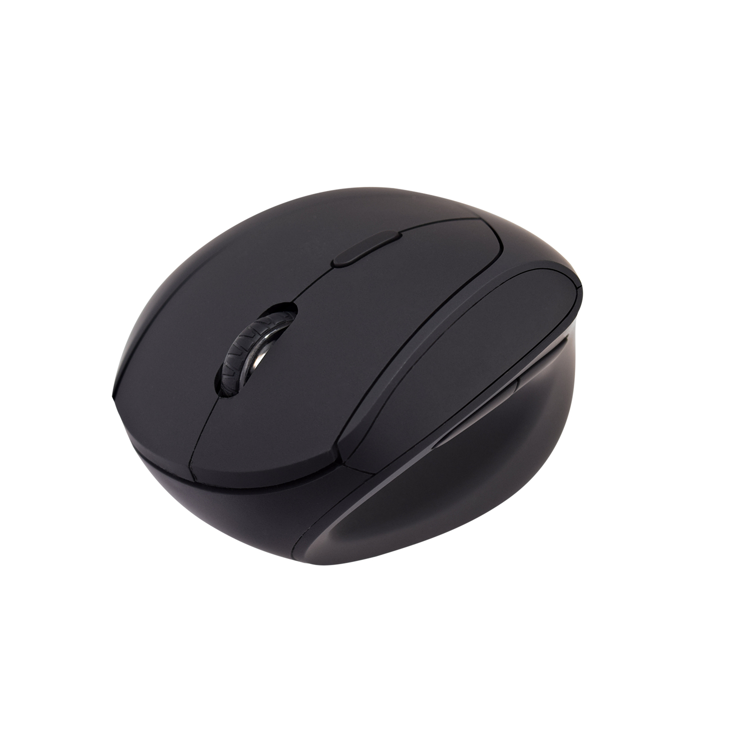 Mouse nero con design curvo e rotella di scorrimento. È visto da un'angolazione inclinata.