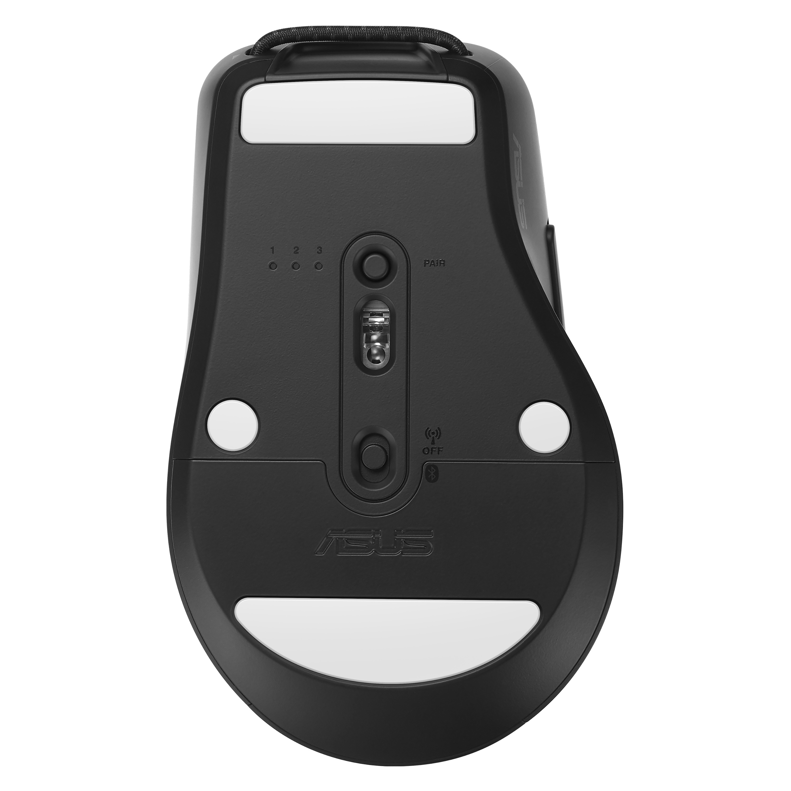Parte inferiore di un mouse nero con pulsanti, rotella e logo 'ASUS'.