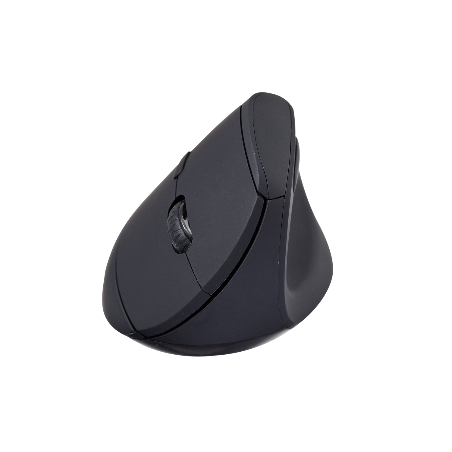 Mouse ergonomico nero con rotella, su sfondo bianco.