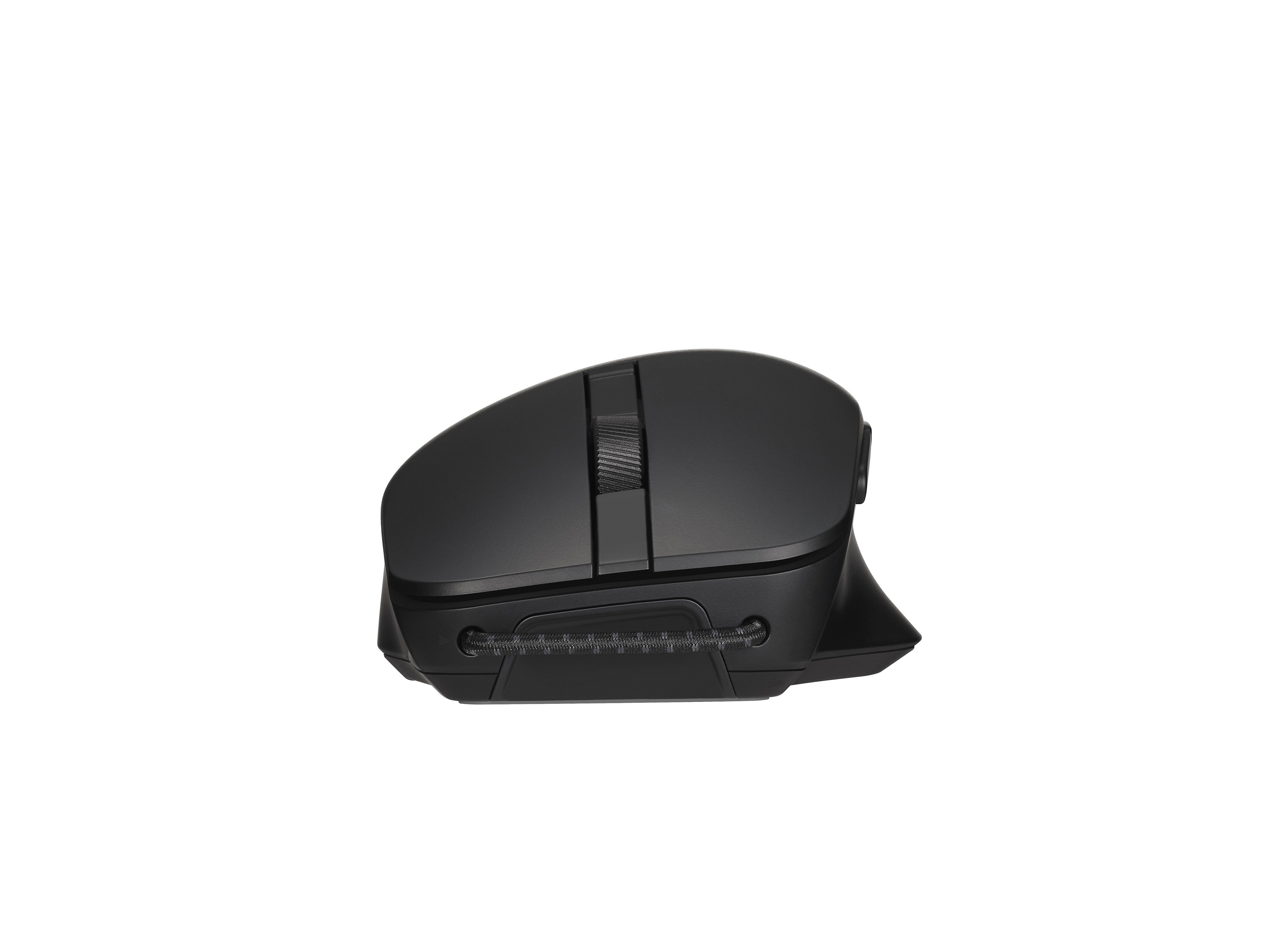 Mouse per computer nero con rotella, pulsanti laterali e impugnatura strutturata.